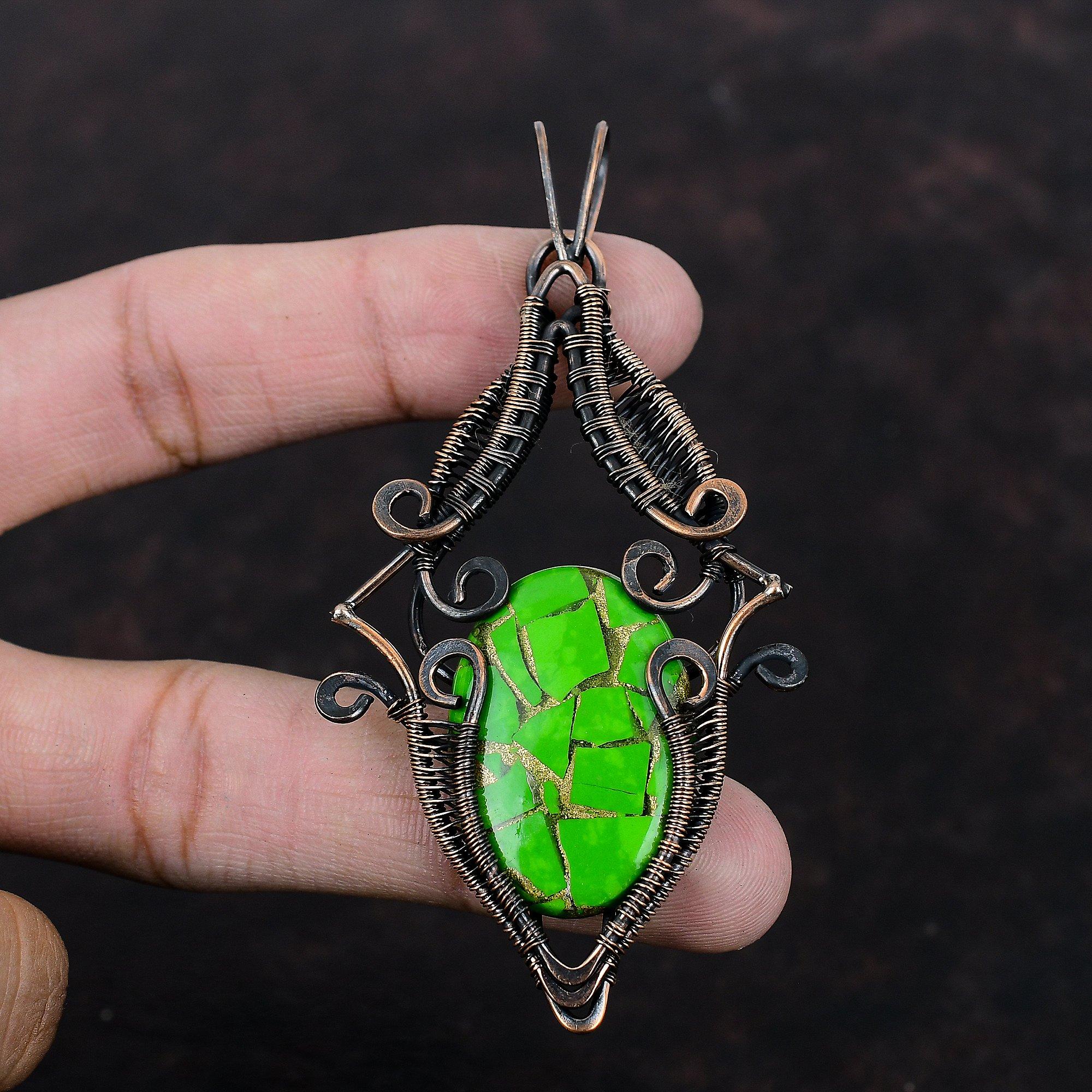 Медный Кулон Бирюзовый Кулон Медный Кулон, Обвитый Проволокой Кулон с Настоящим Драгоценным Камнем Медный Ювелирный Кулон для Подарка Ювелирные Изделия Ручной Работы, Обвитые Проволокой