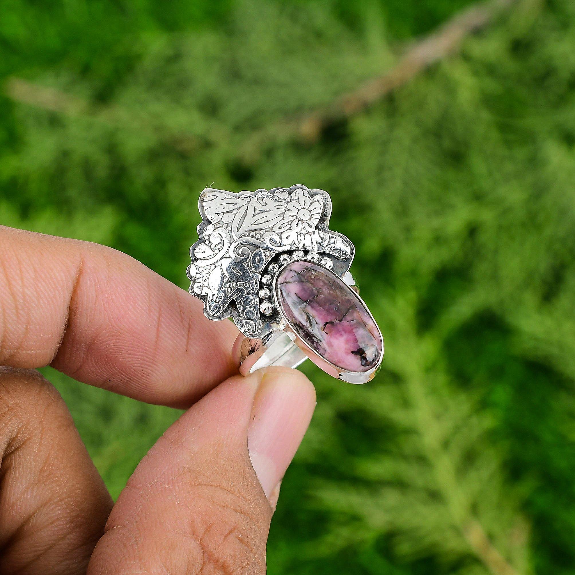 Rhodonite Gemstone Boho Stackable Heart Chakra Ring Jewelry 925 Sterling Silver