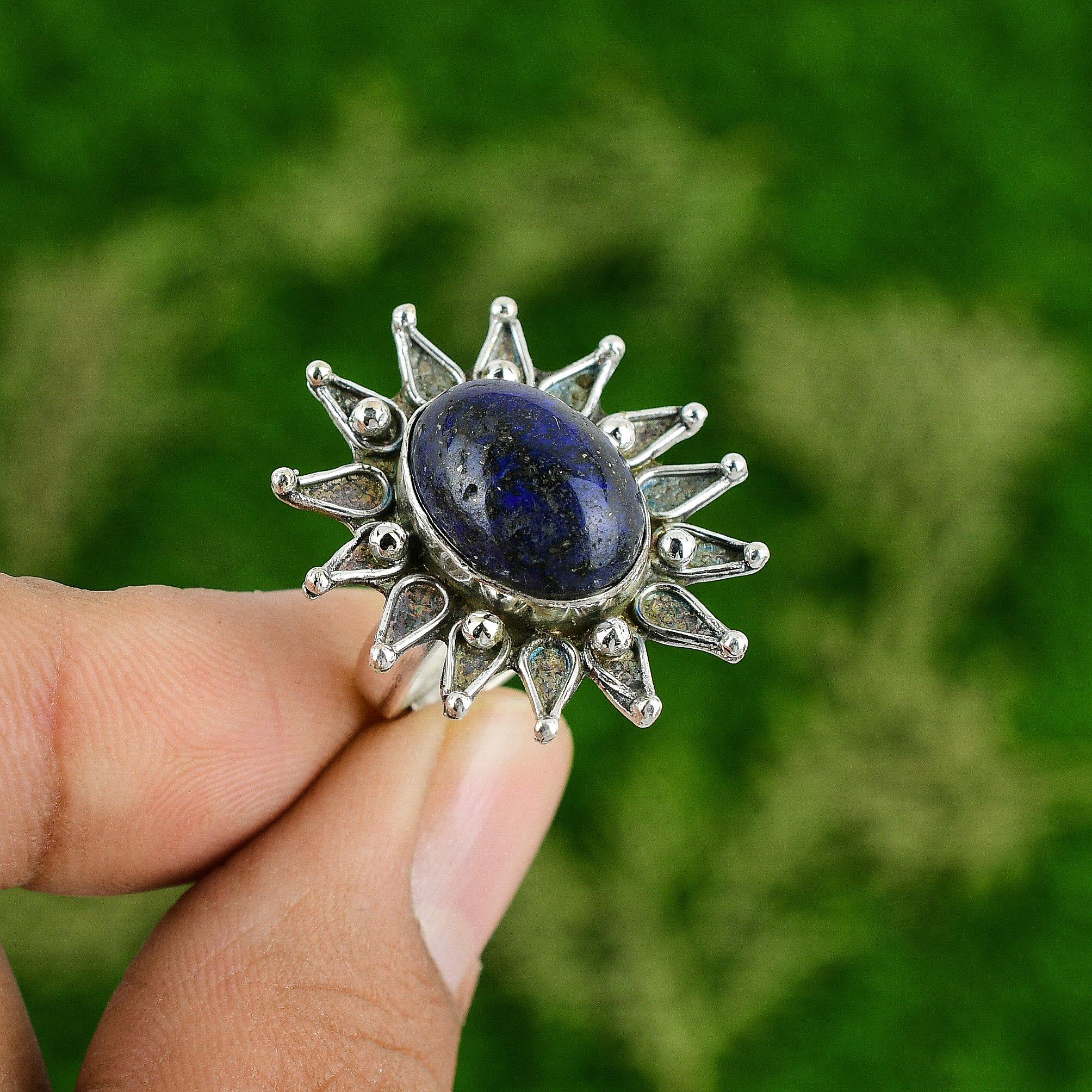 Natural Lapis Lazuli Gemstone Stackable Flower Blue Adjustable Ring 925 Silver