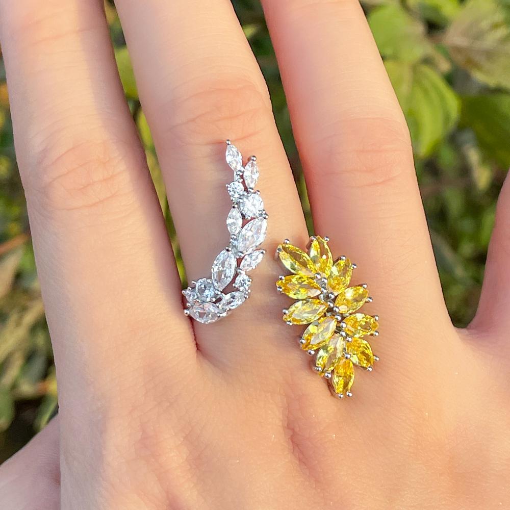 Ювелирные изделия CMM, блестящее желтое кольцо с фианитом в форме листа, обручальное, регулируемое, с открытой манжетой, кольцо на палец для женщин