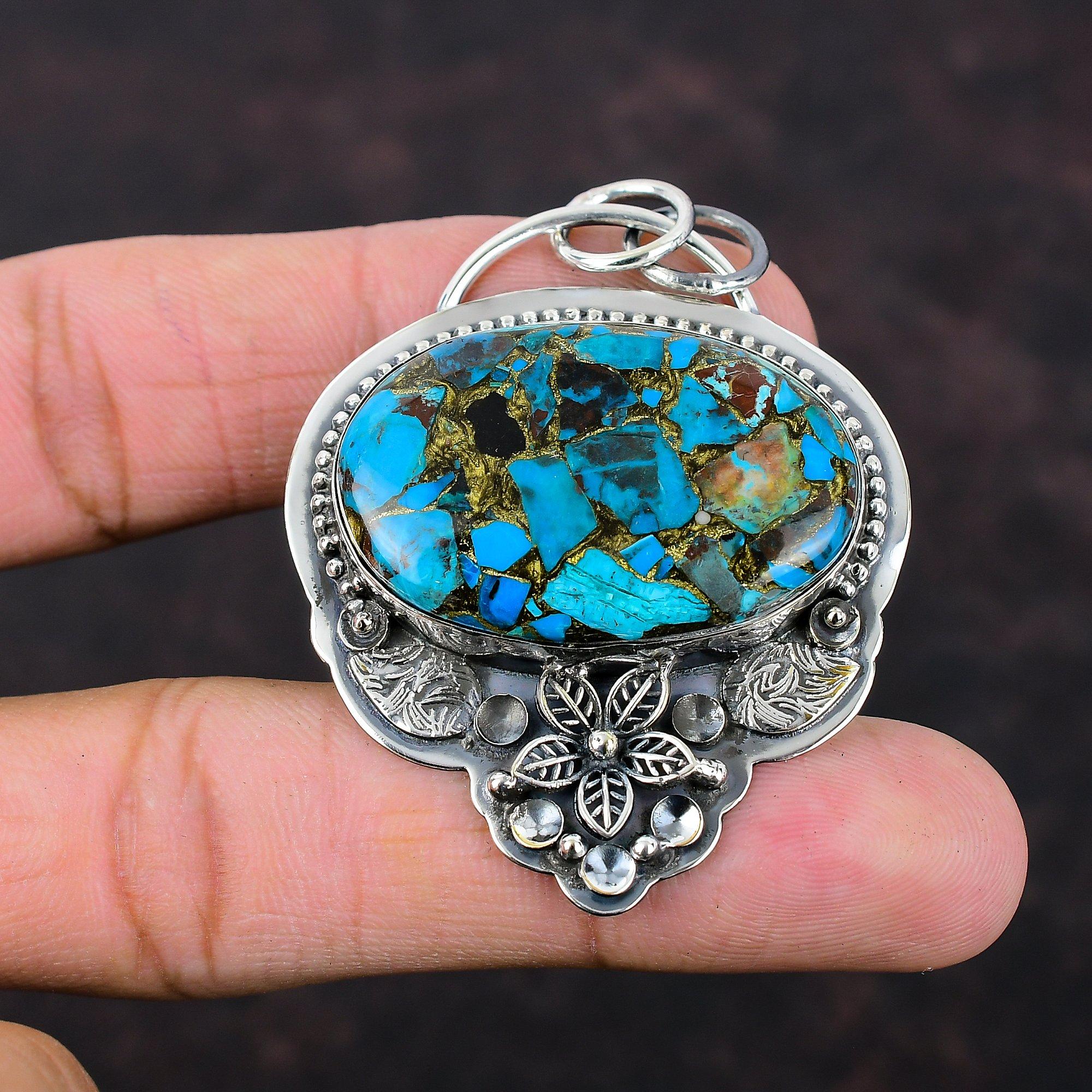 Медь Подвеска из хризоколлы Стерлингового серебра 925 пробы Подвеска из натурального драгоценного камня Ювелирные изделия ручной работы Цветочная подвеска Подарок для женщин Ювелирные изделия из целебного камня