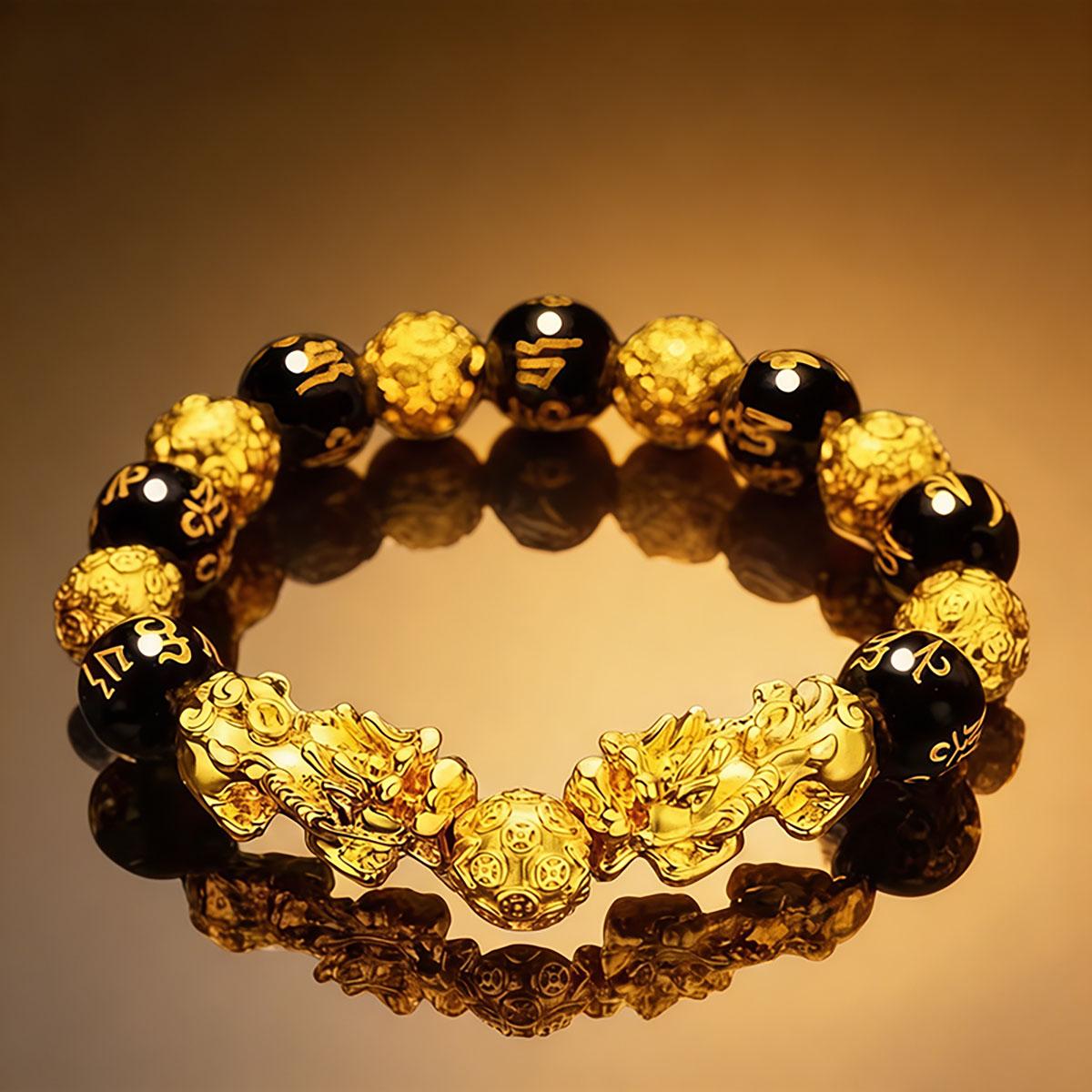 Gold Pixiu Bracelet for Men and Women, Black Solid Guardian Bracelet, Chinese-style Jewelry, Six-character Mantra Buddha Bead Chain