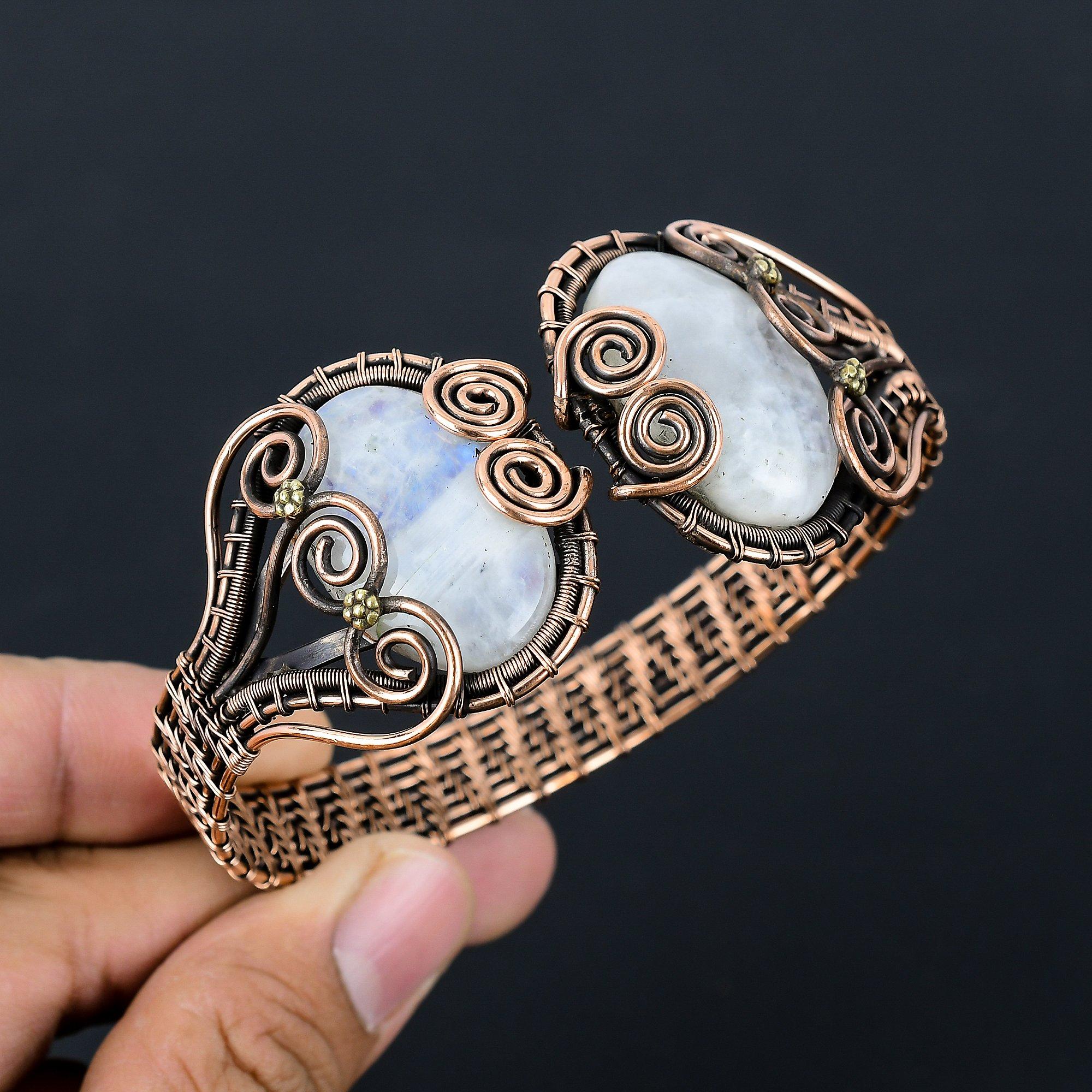 Необычные радужные лунные камни, драгоценные камни, чистая медная проволока, манжеты/браслет ручной работы, регулируемые ювелирные изделия