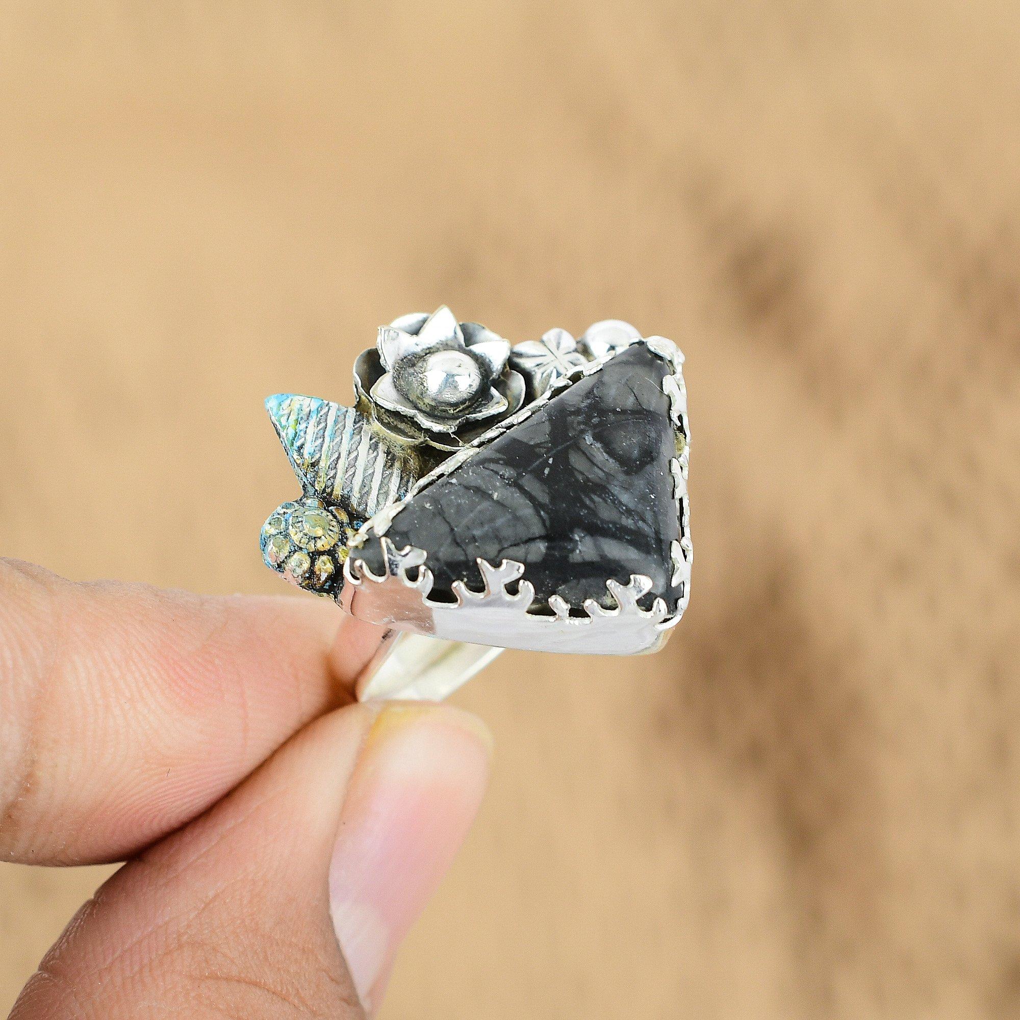 Триллион Яшма Пикассо Драгоценный камень Цветок Заявление Сестра Обручальное кольцо 925 Серебро