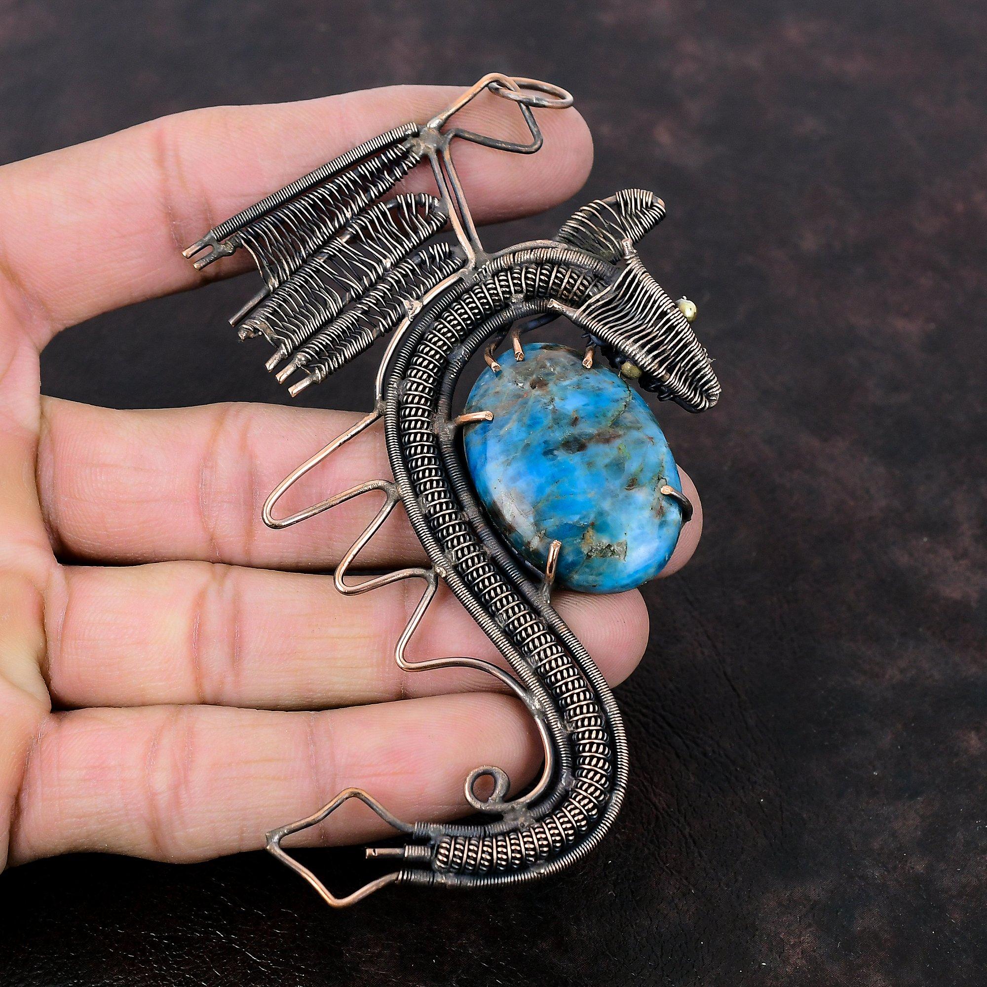 Неоновый Апатит Кулон Медная Проволока Кулон Ручной Работы Медные Ювелирные Изделия Кулон Дракон Оригинальные Ювелирные Изделия Из Драгоценных Камней Подарки на Годовщину