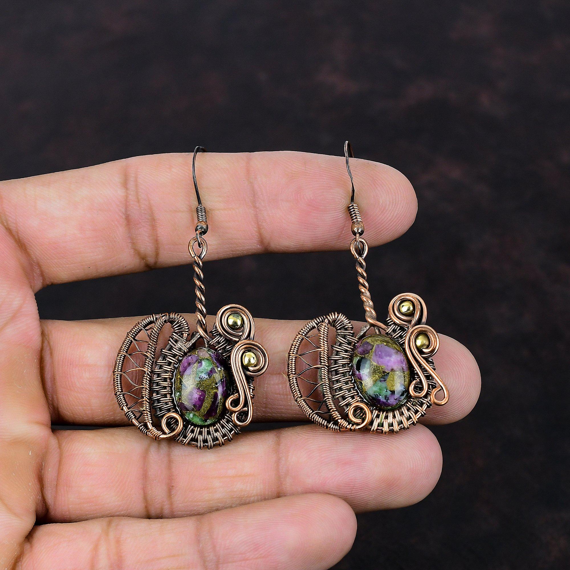 Серьги из медного рубина и цоизита, серьги из медной проволоки, ювелирные изделия из драгоценных камней, серьги ручной работы, серьги-подвески, удивительные медные украшения, подарок для мамы