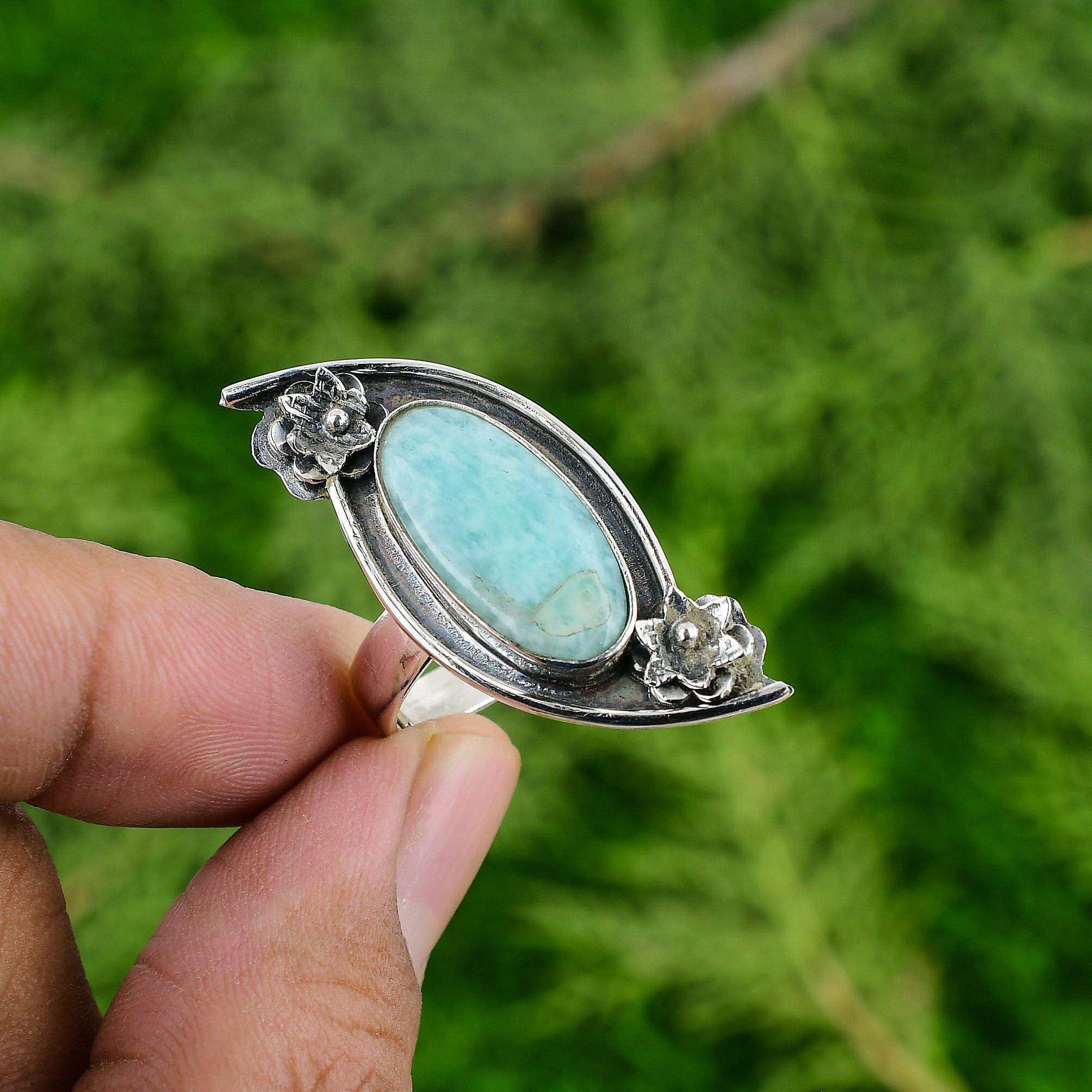 Натуральный Амазонит Драгоценный Камень 925 Серебро Солитер Цветок Регулируемое Кольцо для Девочек