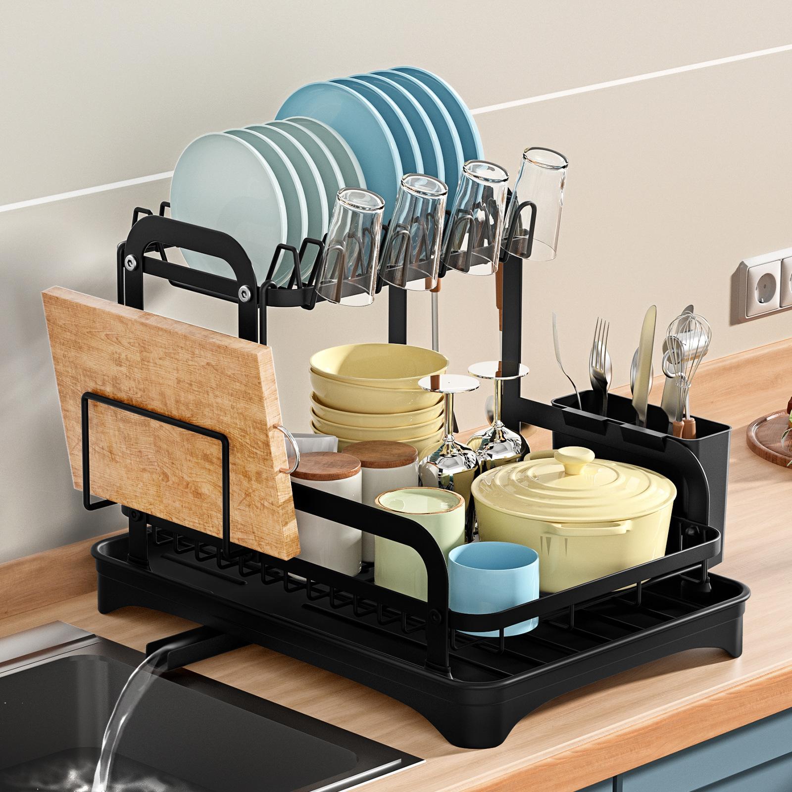 2 Tier Dish Bowl Drainer Storage Rack Kitchen Dish Drying Rack with Drain Basket Countertop Dinnerware Organizer Drainboard