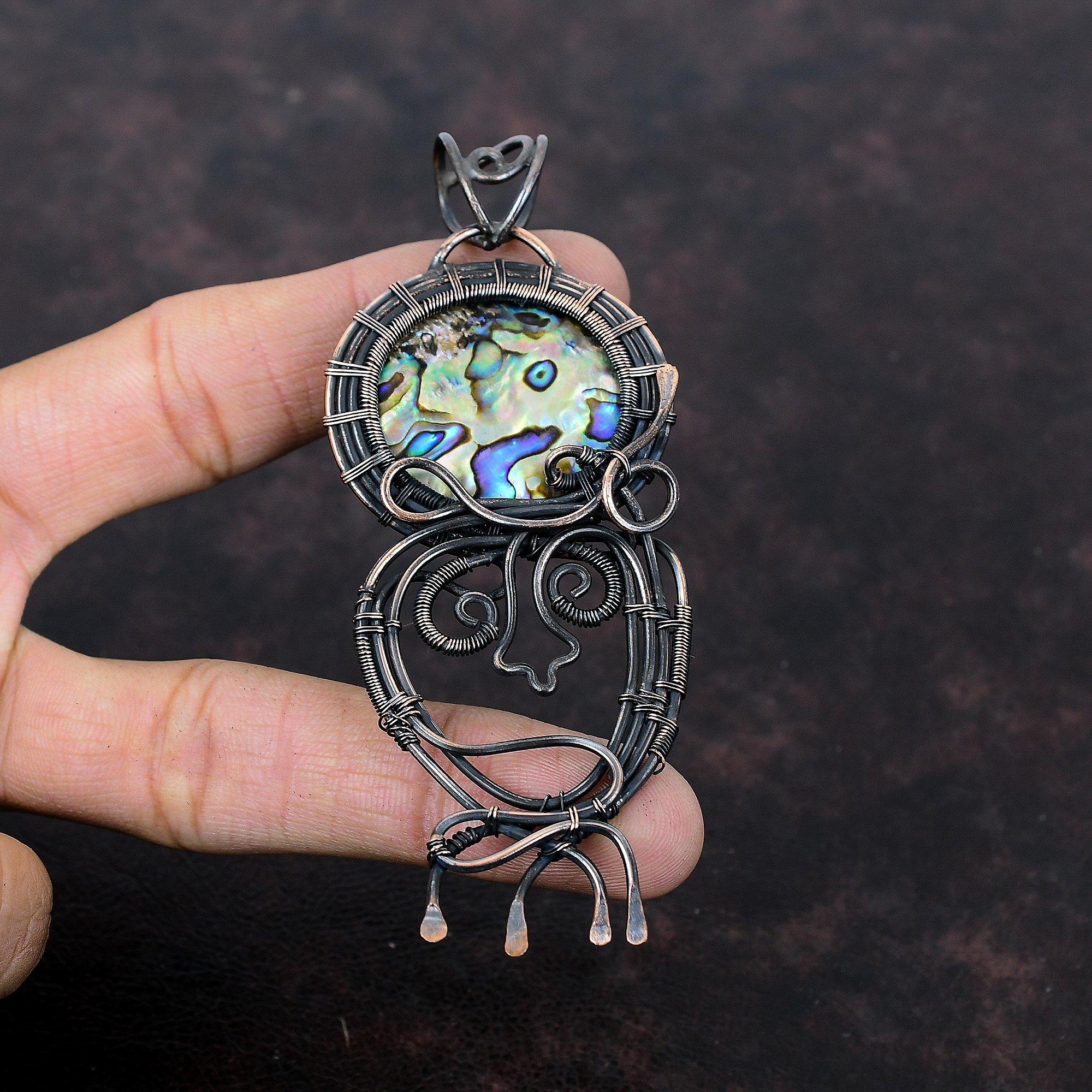 Подвеска из ракушки абалона, обернутая медной проволокой, ювелирные изделия из ракушки абалона, подвеска из драгоценного камня ручной работы, свадебный подарок, замечательные ювелирные изделия из медной проволоки