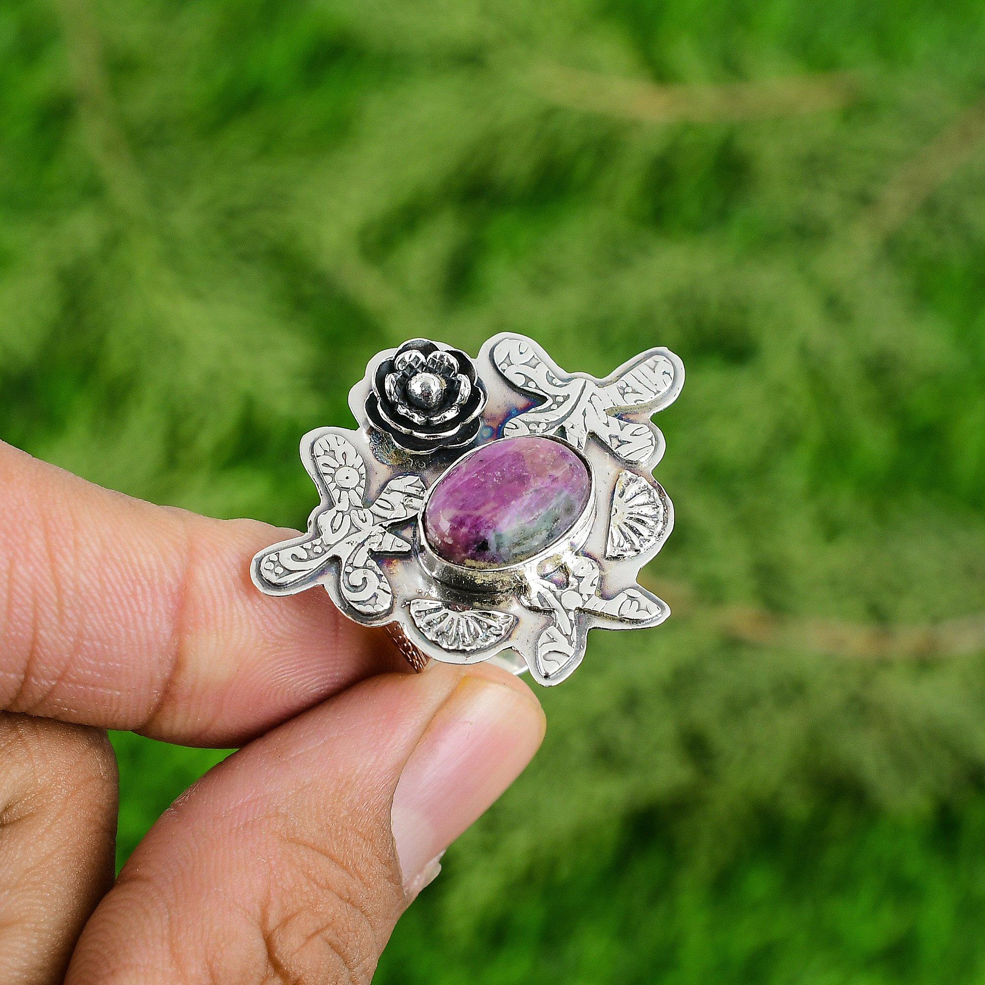 Natural Ruby Zoisite 925 Silver Stackable Flower Adjustable Ring For Girls