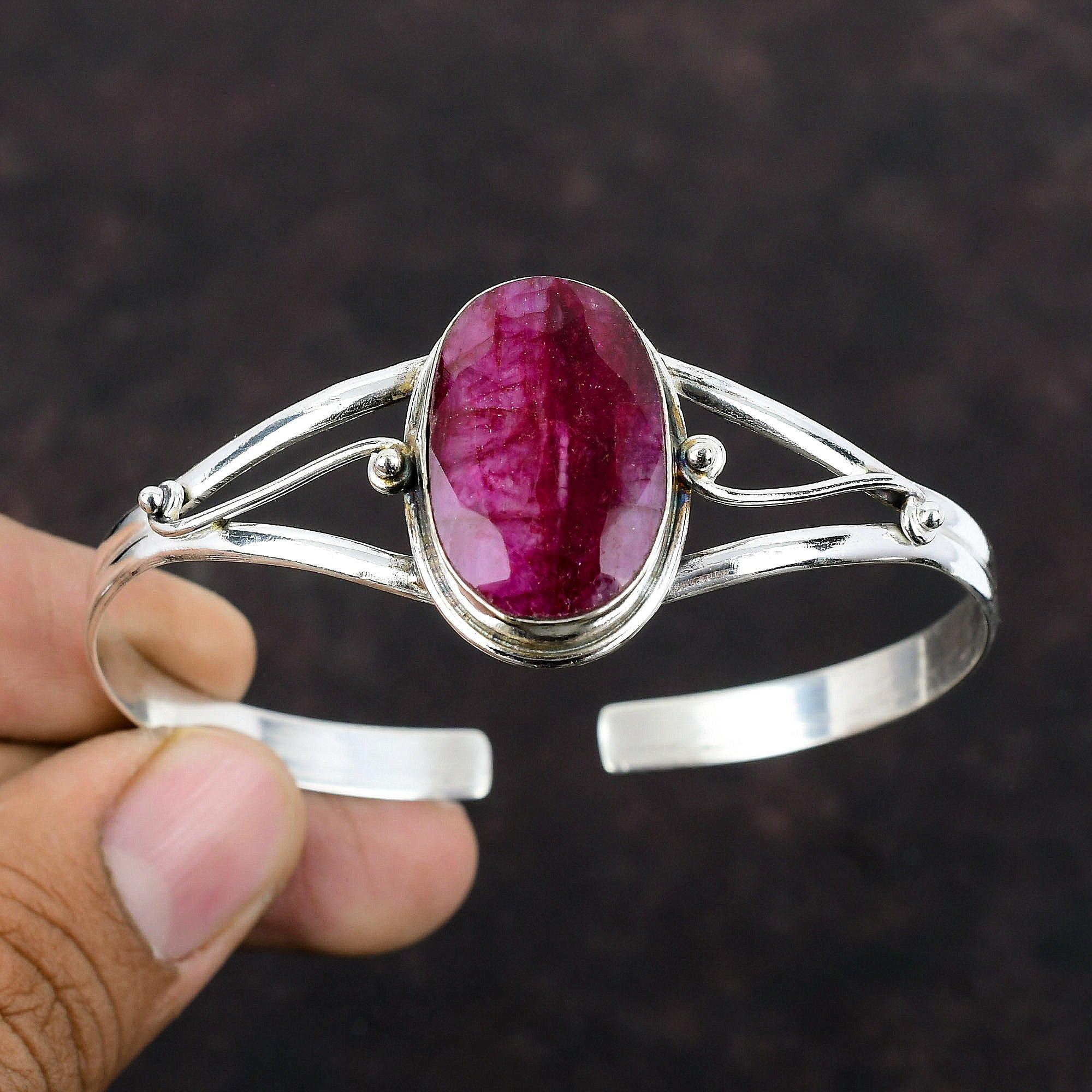 Браслет-манжета с граненым кашмирским рубином, ювелирные изделия из натурального драгоценного камня, браслет из стерлингового серебра 925 пробы, регулируемая манжета, достойный браслет ручной работы, подарок для женщин