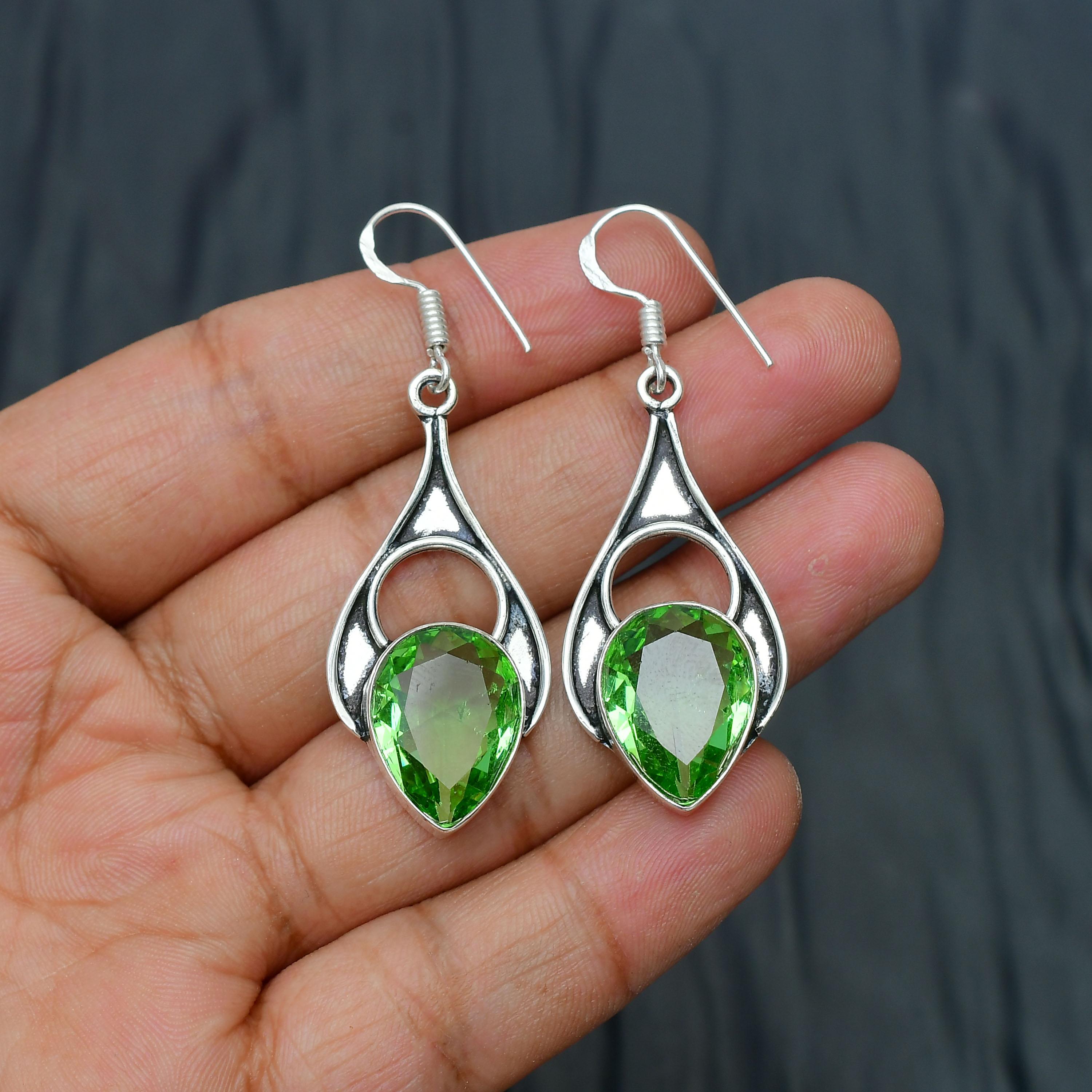 Green Amethyst Gemstone Handmade 925 Sterling Silver Jewelry Earring