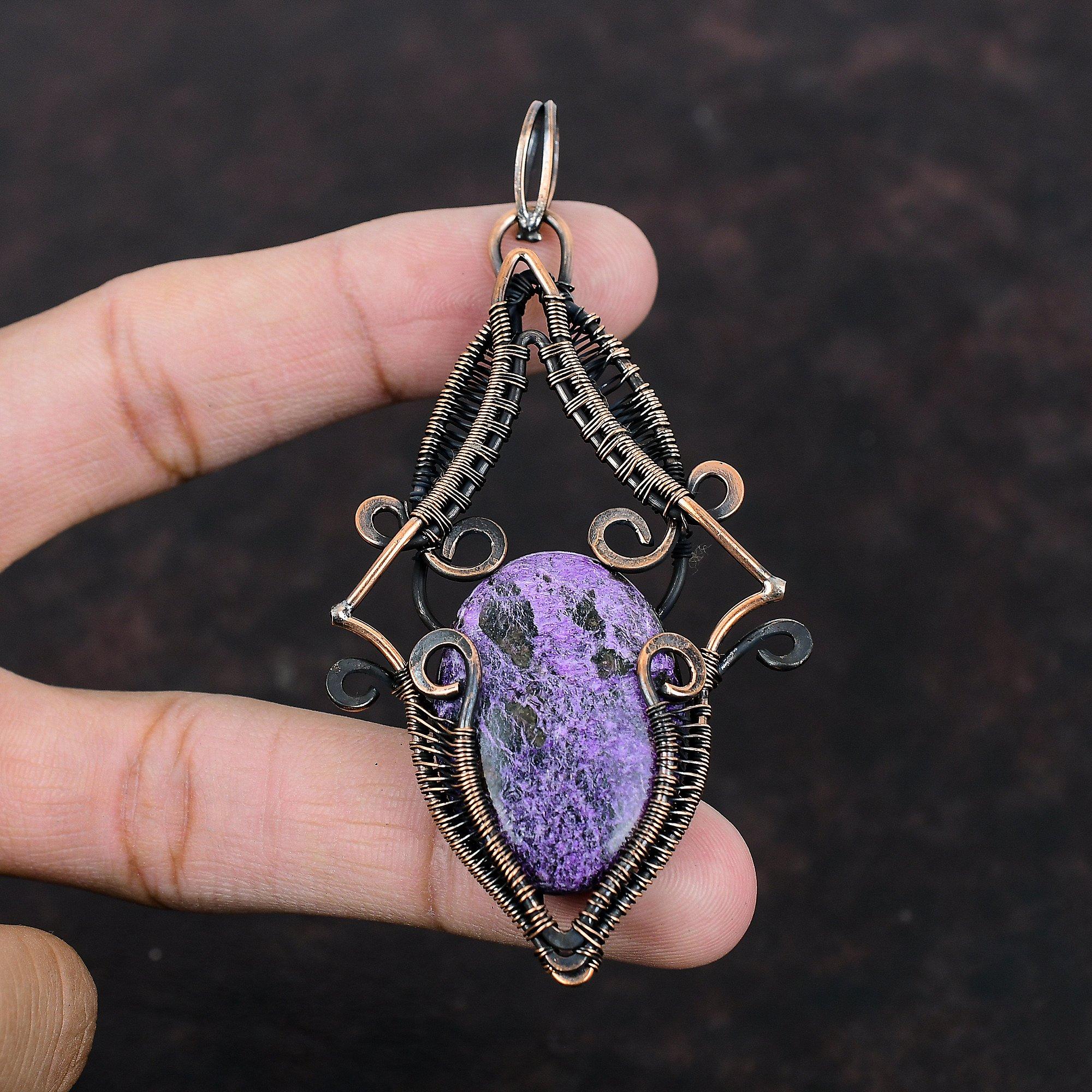 Пурпуритовый кулон, медная проволока, обернутая кулоном, дизайнерский кулон, проволочная обертка, ювелирное изделие ручной работы, кулон с драгоценным камнем, медные украшения для подарка