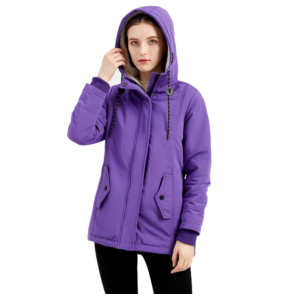 Women Hooded Collar Long Sleeve Solid Color Zipper Lamb Velvet Thickened Warm Parka S-5XL