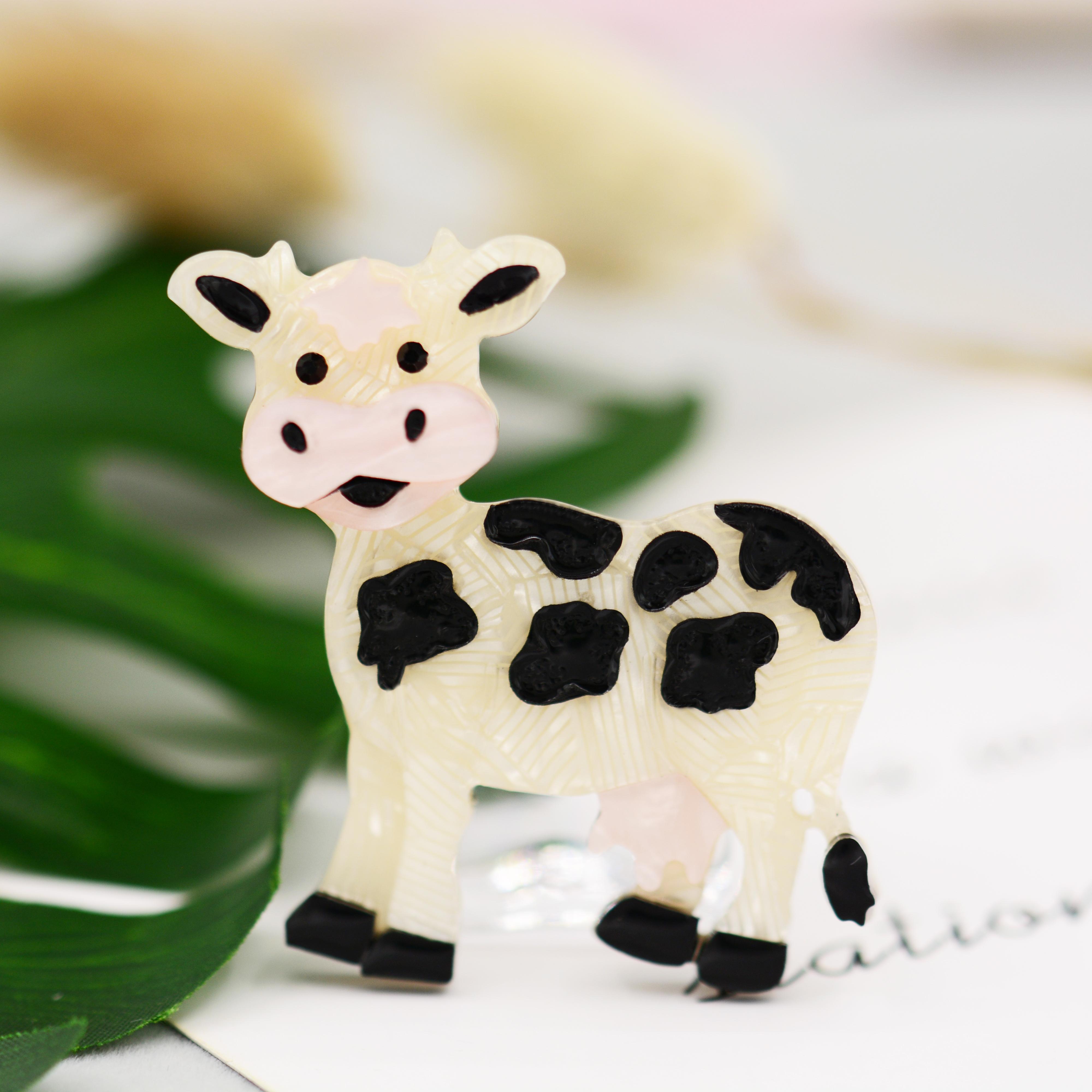 Blucome Acrylic Animal Brooches Cute Milk Cow Shape for Women Men Suit Scarf Hijab Pins