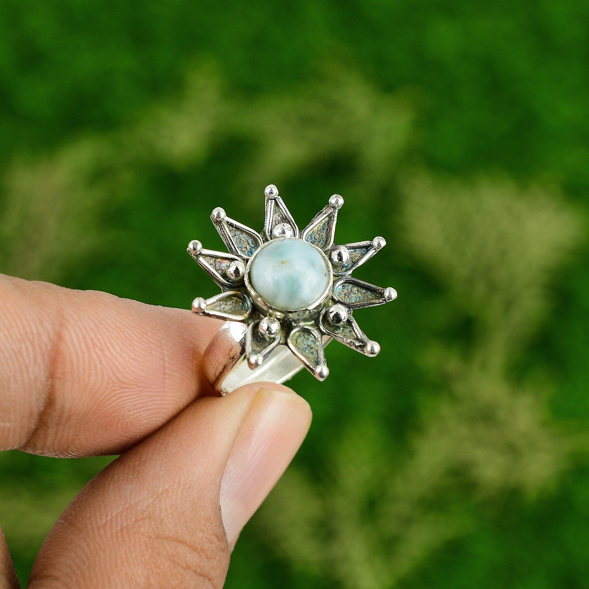 Womens day Sale Larimar Gemstone Flower Promise Ring Jewelry 925 Sterling Silver