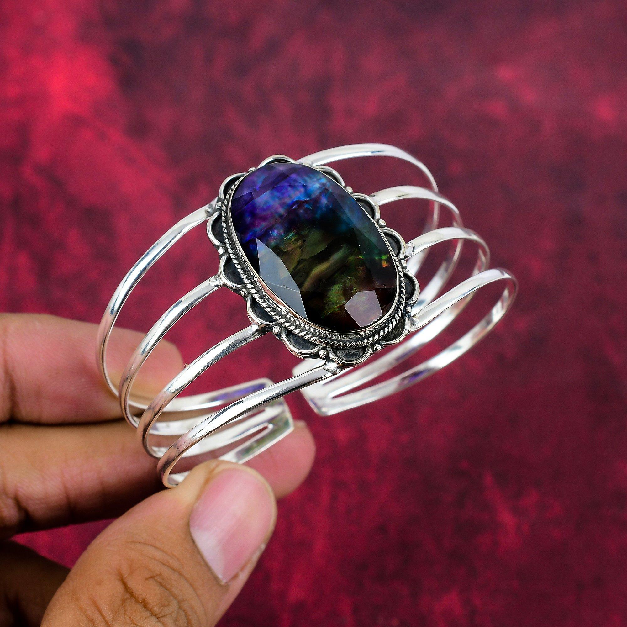 Браслет с аммолитом, драгоценный камень, ювелирные изделия ручной работы, браслет из стерлингового серебра 925 пробы, подарок жене, ювелирные изделия