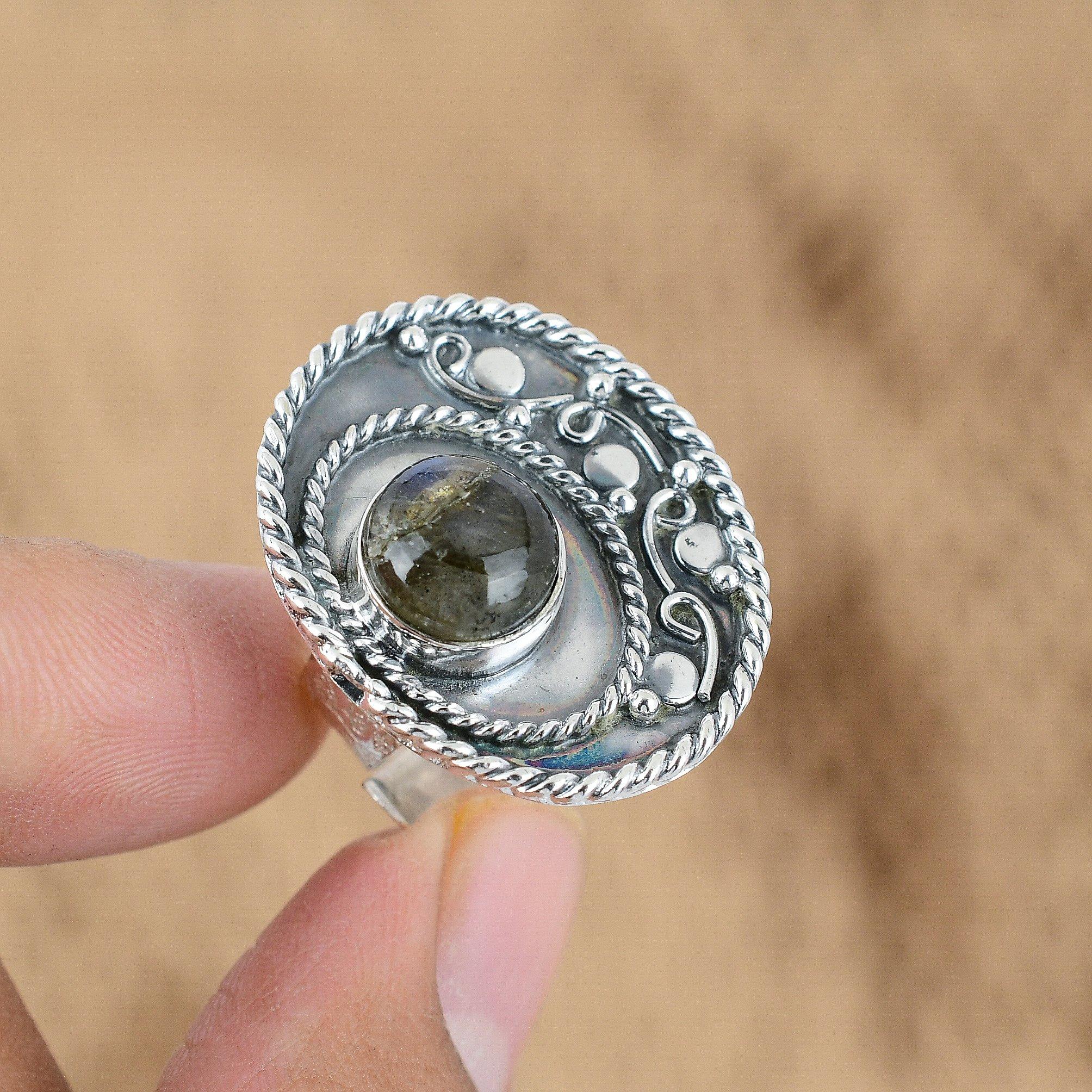 Natural Labradorite Gemstone Promise Blue Adjustable Ring 925 Sterling Silver