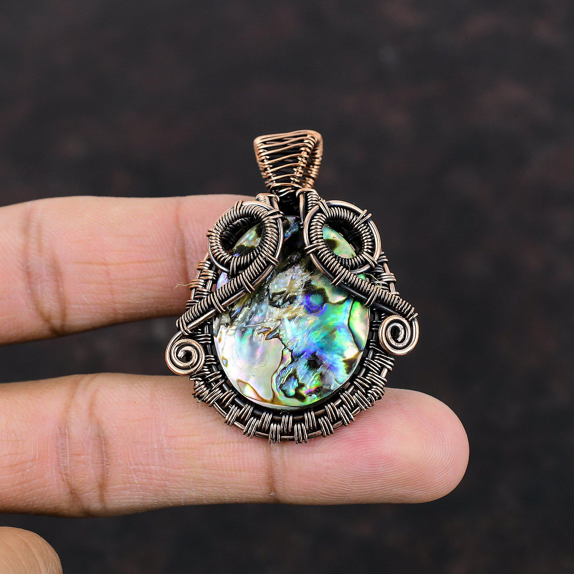 Кулон из драгоценного камня Раковина Абалона, обернутый медной проволокой, Ювелирные изделия ручной работы, Удивительный кулон, Элегантные украшения, Кулон, обернутый медной проволокой, Подарок для нее