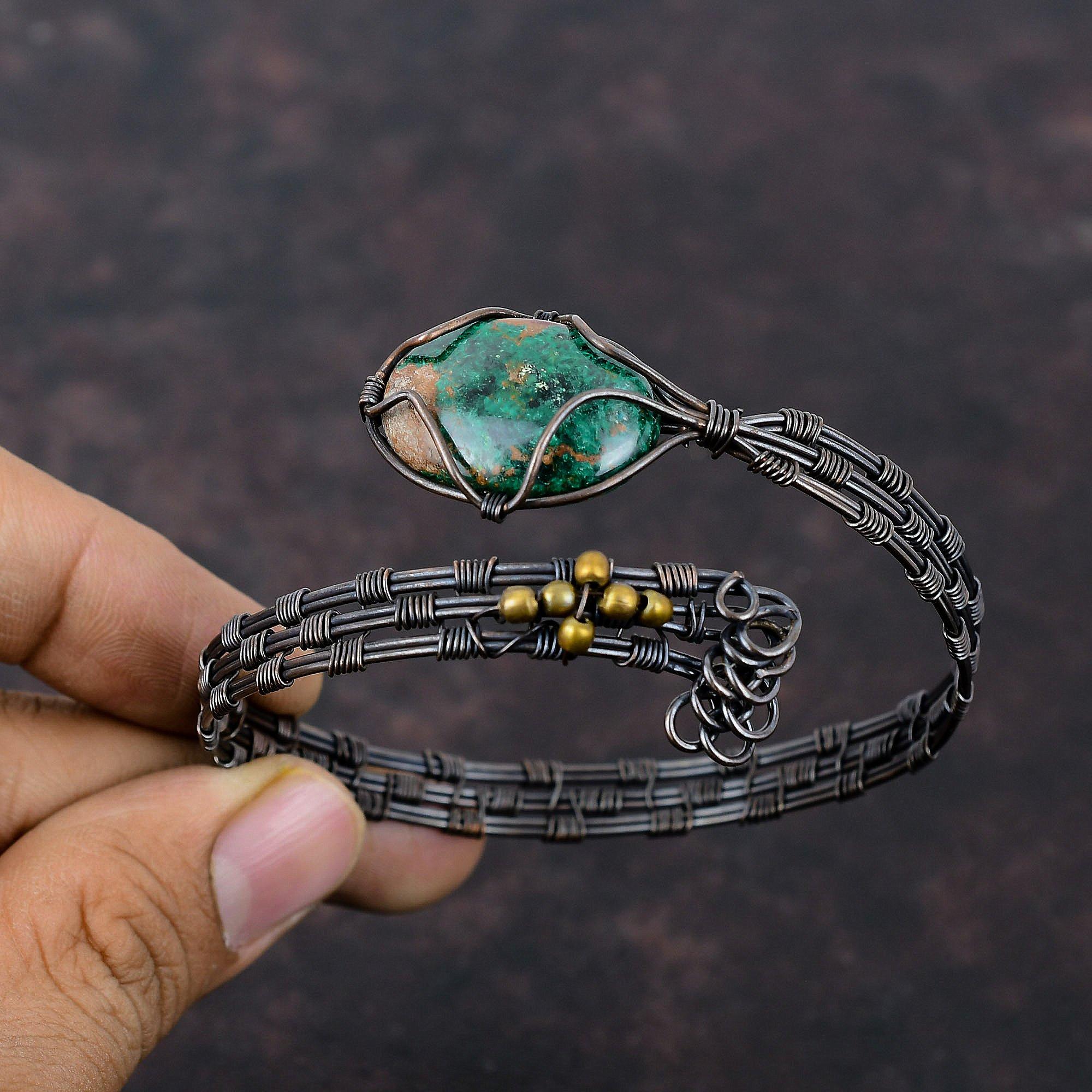 Браслет-манжета из куприта и хризоколлы, обернутый медной проволокой, браслет-манжета с драгоценным камнем, регулируемый браслет-манжета, медные украшения, браслет ручной работы для подарка