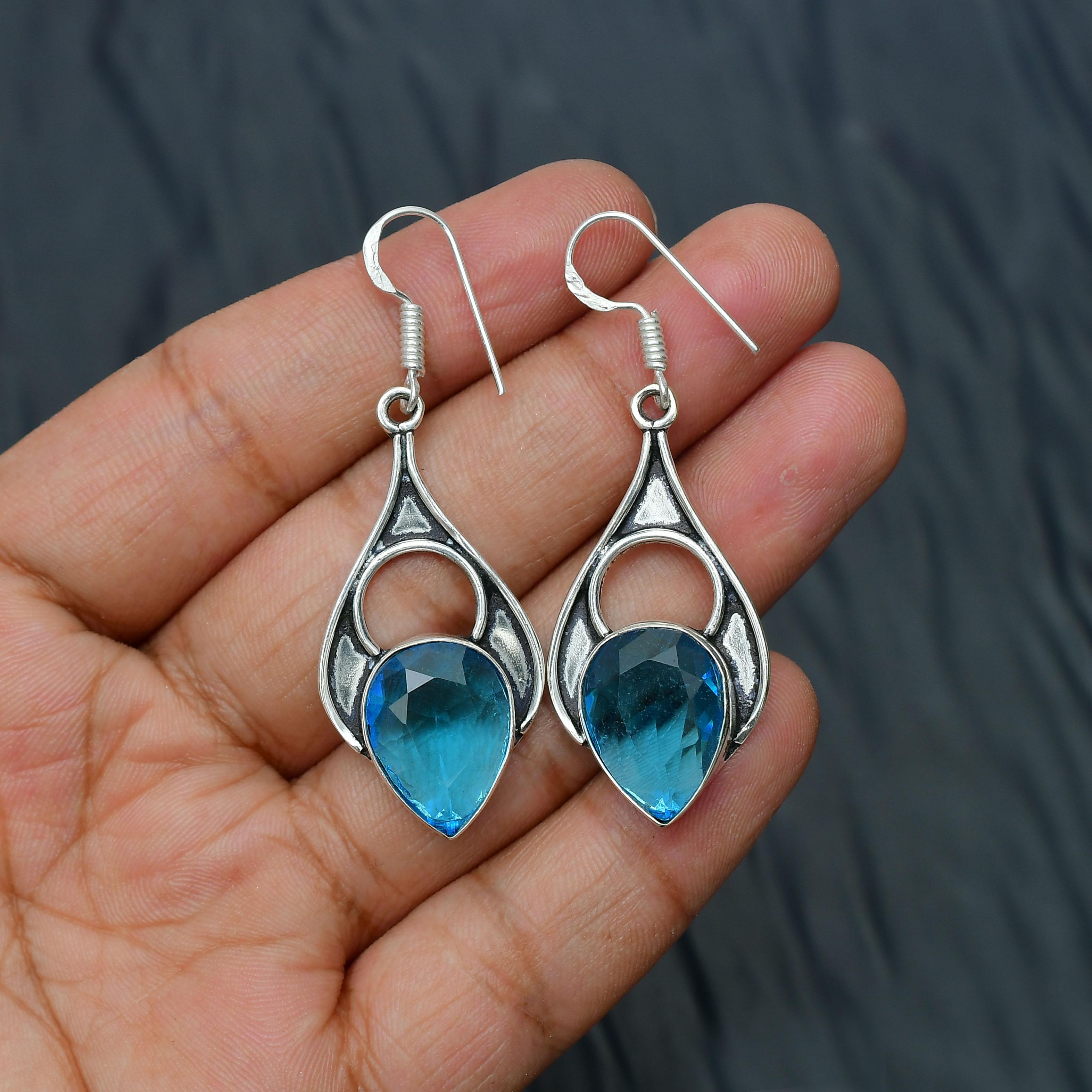 Blue Topaz Gemstone Handmade 925 Sterling Silver Jewelry Earring