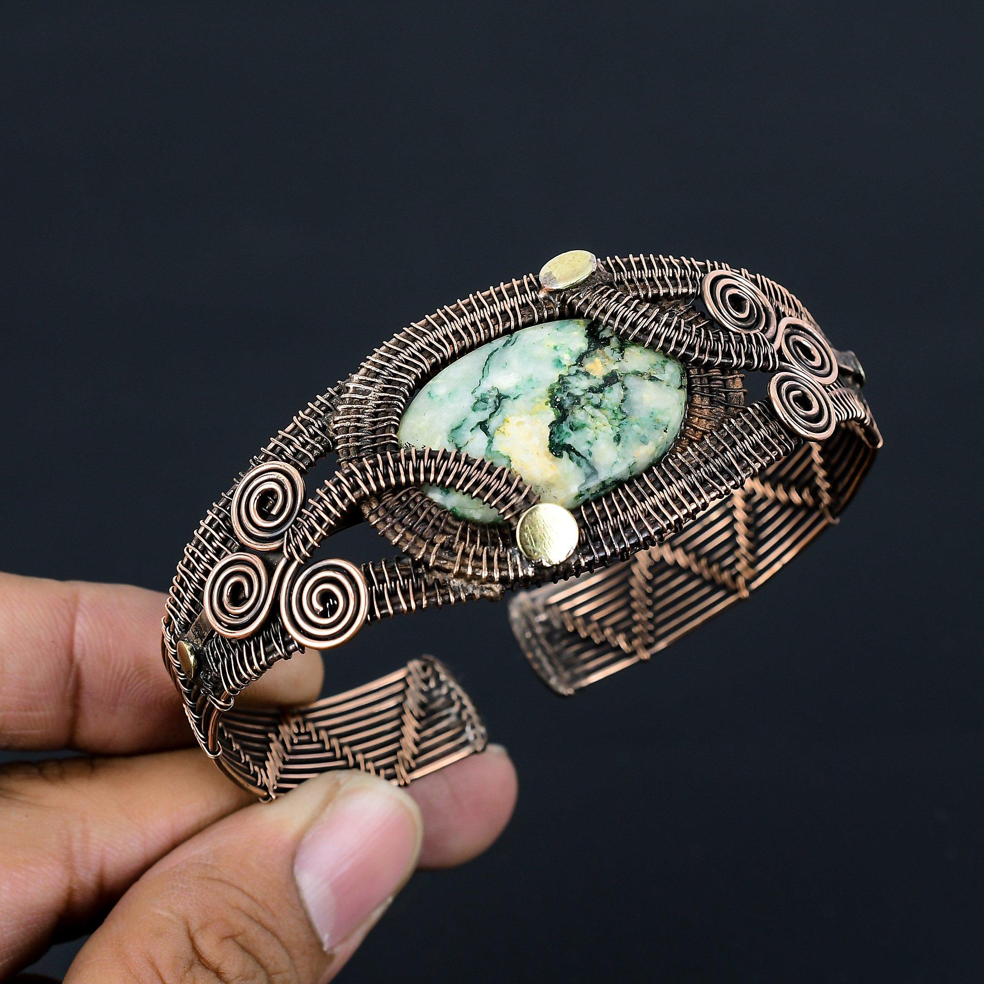 Индийский моховой агат Драгоценные камни Чистая медная проволока Обернутая манжета/браслет ручной работы