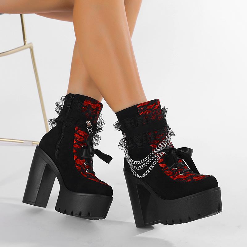 Gdgydh Vintage Gothic Lace Ankle Boots for Women Chunky Heel Side Zipper with Chain Detail Platform Goth Boots High Heels