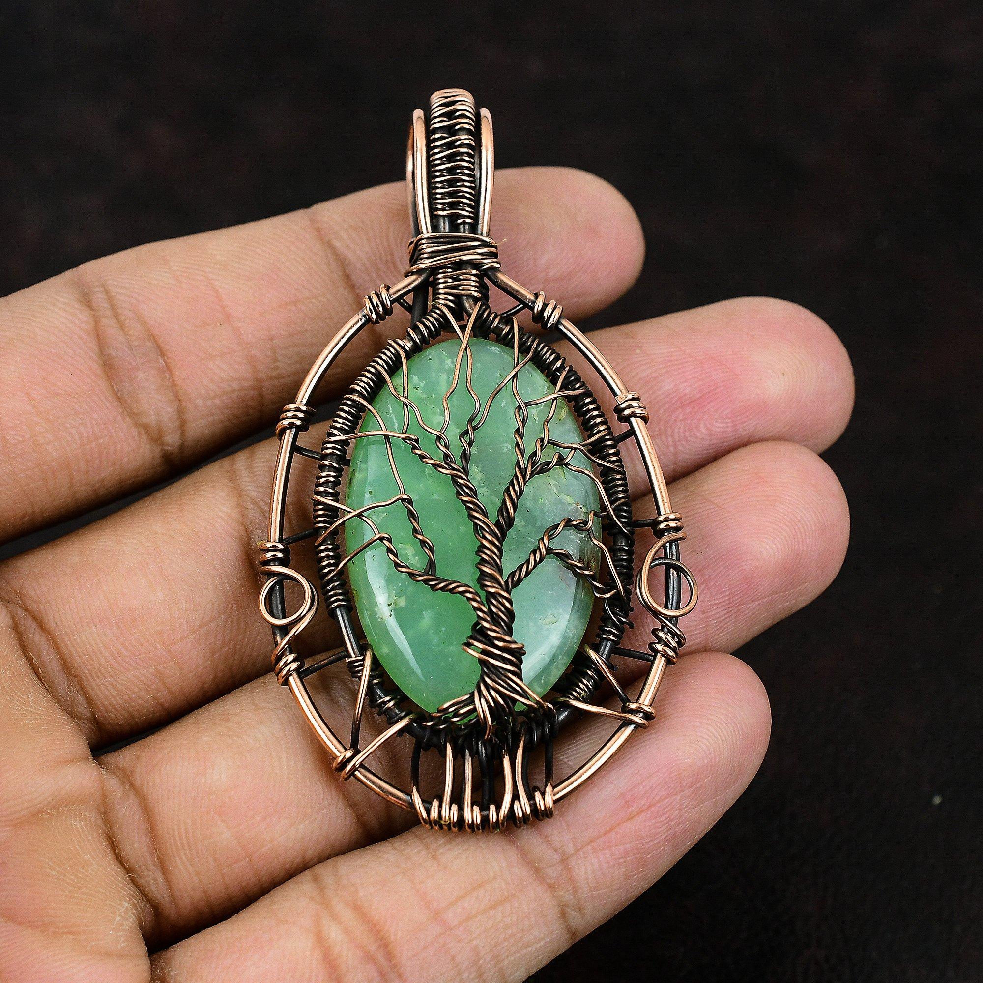 Tree Of Life Chrysoprase Pendant Copper Wire Wrapped Jewelry Gemstone Jewelry Gift For Her Gift For Mom Chrysoprase Jewelry Designer Pendant