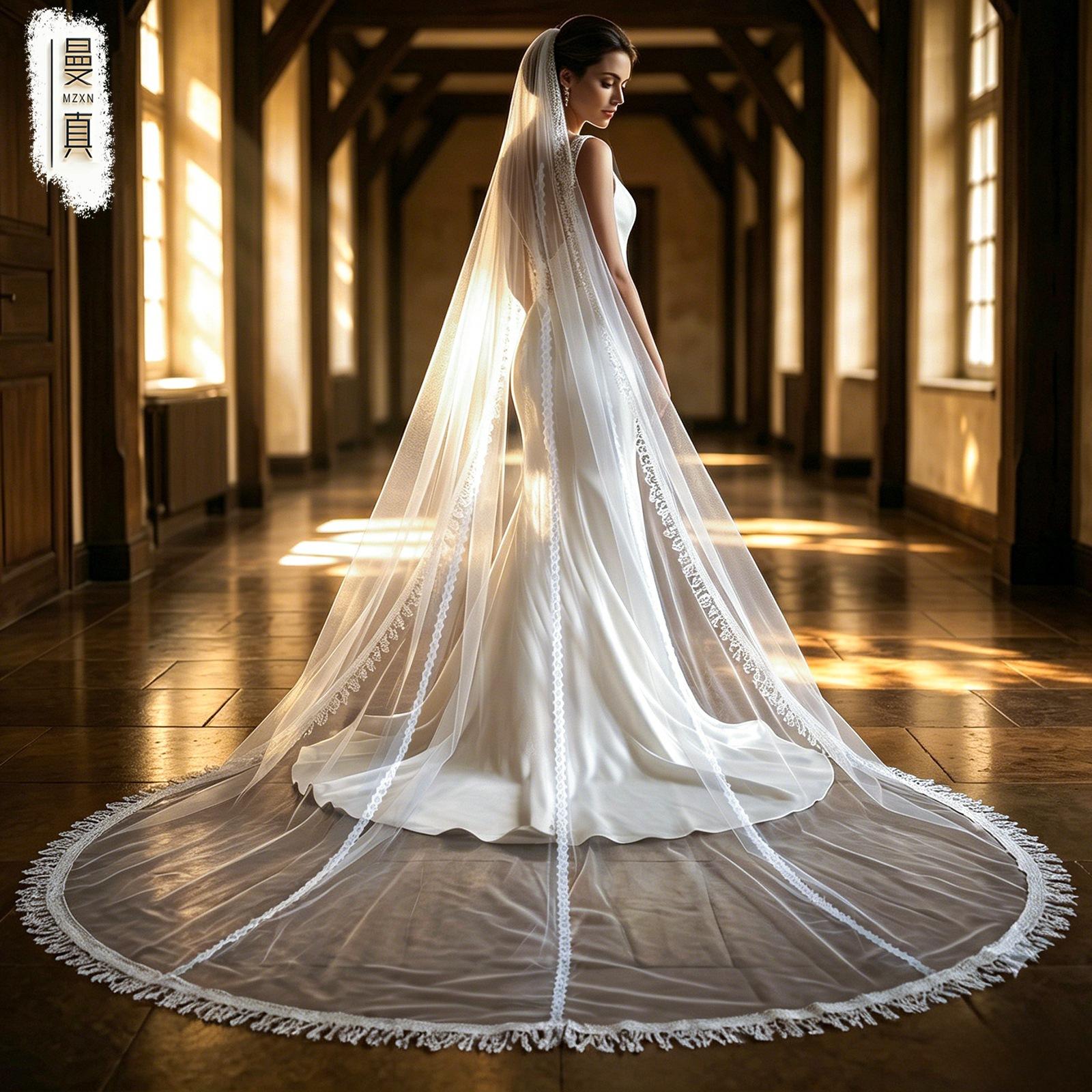 300 см Кафедральная кружевная фата с кисточками, Свадебная фата Extra Long Wide Soft Tulle с кружевной бахромой в виде слезы для невесты
