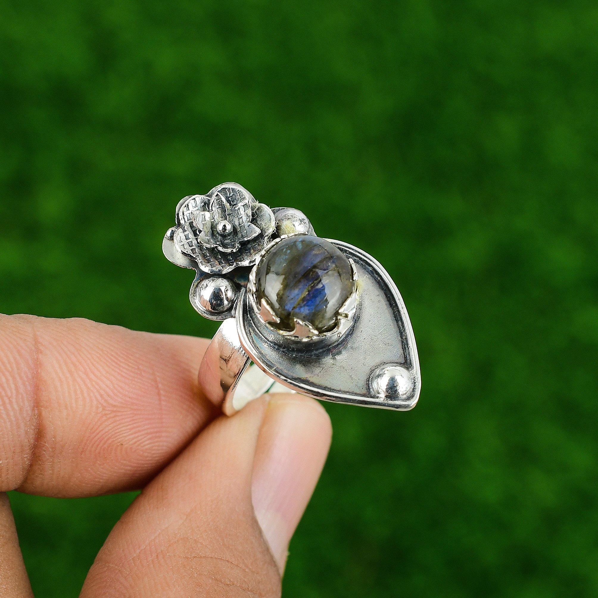 Natural Labradorite Gemstone 925 Silver Promise Flower Adjustable Ring For Women
