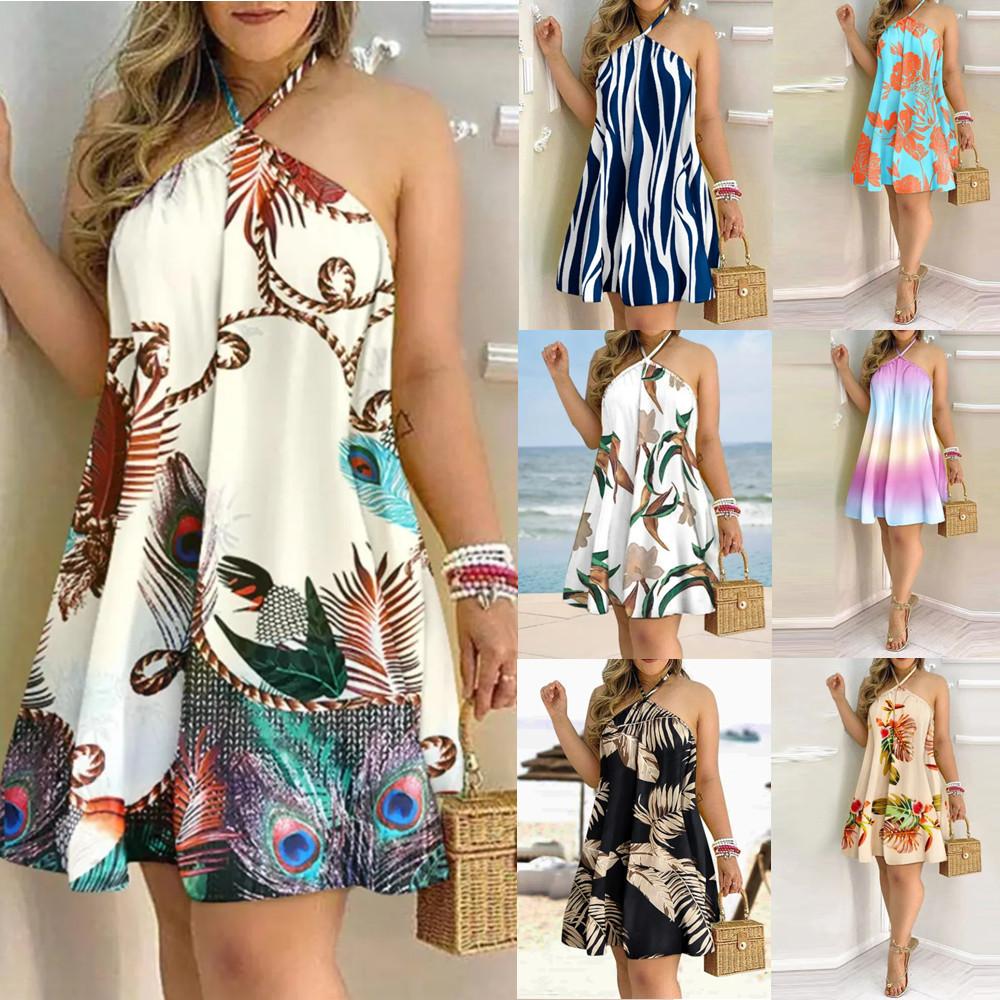 Summer Printed Strapless Hanging Neck Tie Loose Women's Dress
