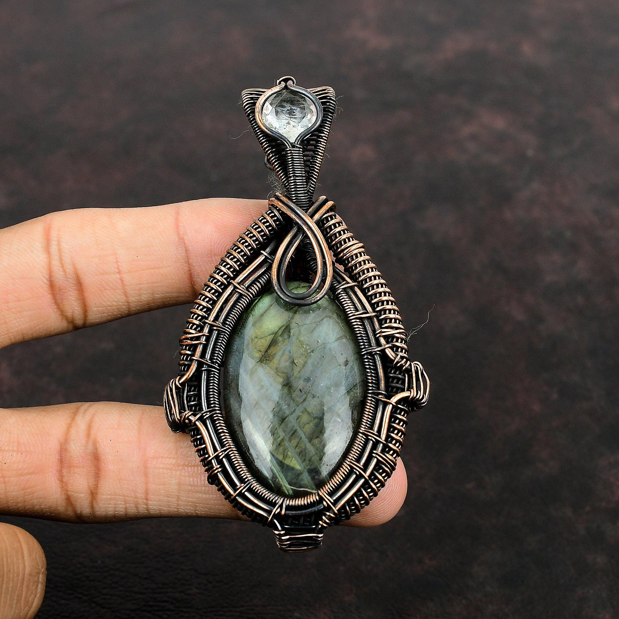 Кулон из лабрадорита, обернутый медной проволокой, Кулон ручной работы, Кулон с белым топазом, Украшение из медной проволоки, Подарок для нее, для мамы
