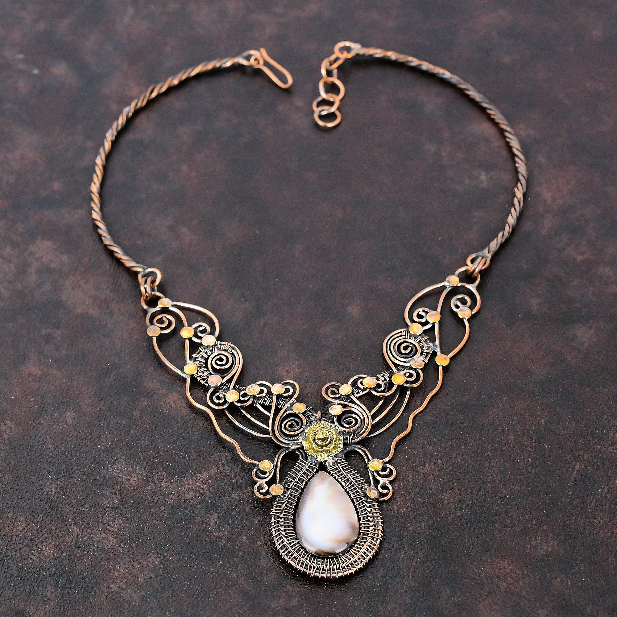 Перламутровое ожерелье, медная проволока, обернутая драгоценным камнем, регулируемое ожерелье, уникальное ожерелье ручной работы, медная проволока, ювелирное изделие, подарок для мамы