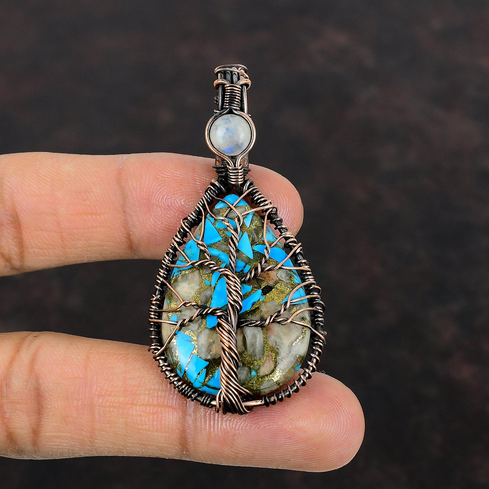 Древо Жизни Розовый Опал Медь Бирюзовый Подвеска Медная Проволока Обернутая Подвеска Подвеска Из Драгоценного Камня Ювелирные Изделия Ручной Работы Из Медной Проволоки Подвеска из Лунного Камня