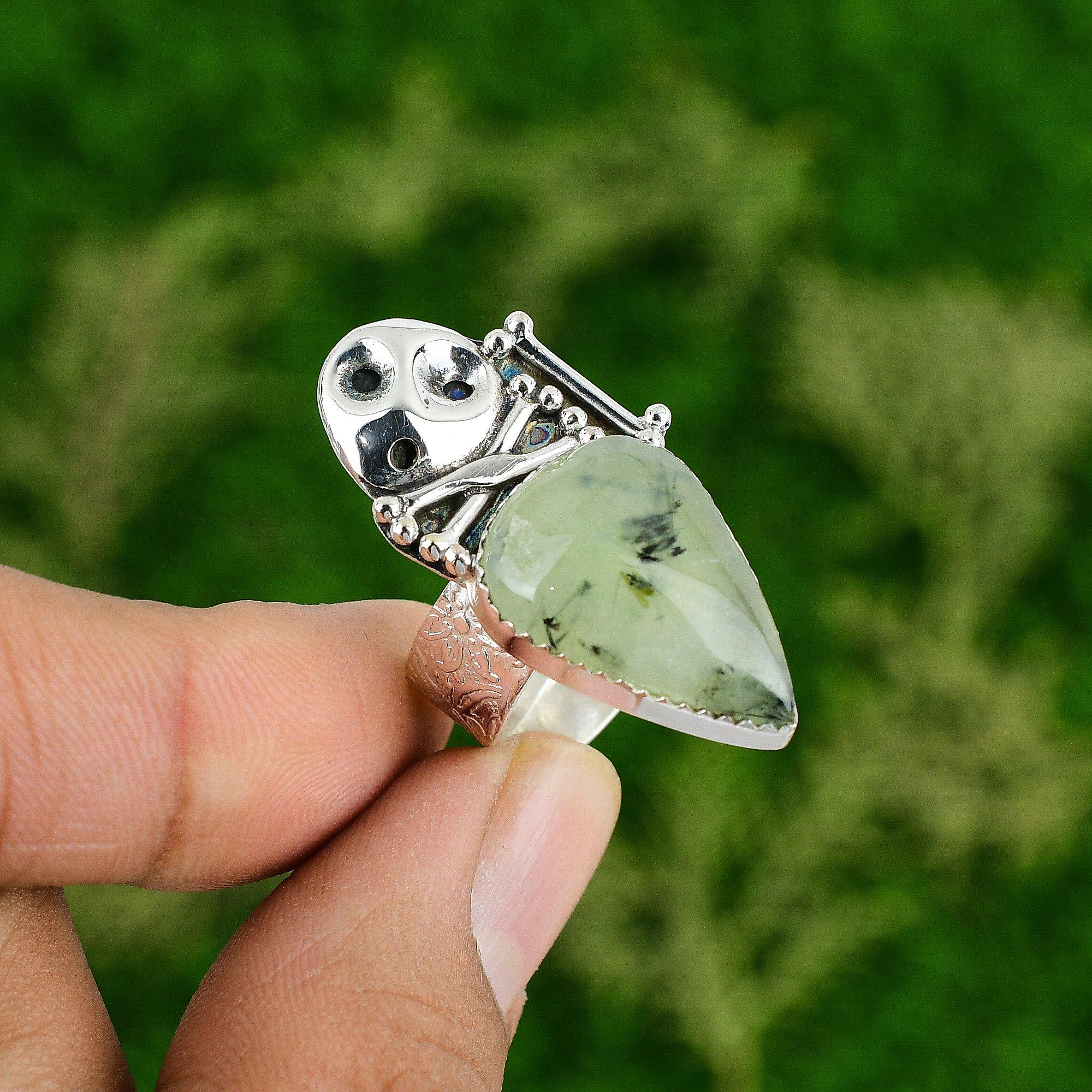 Natural Moss Prehnite Promise Skull And Bone Adjustable Ring 925 Silver
