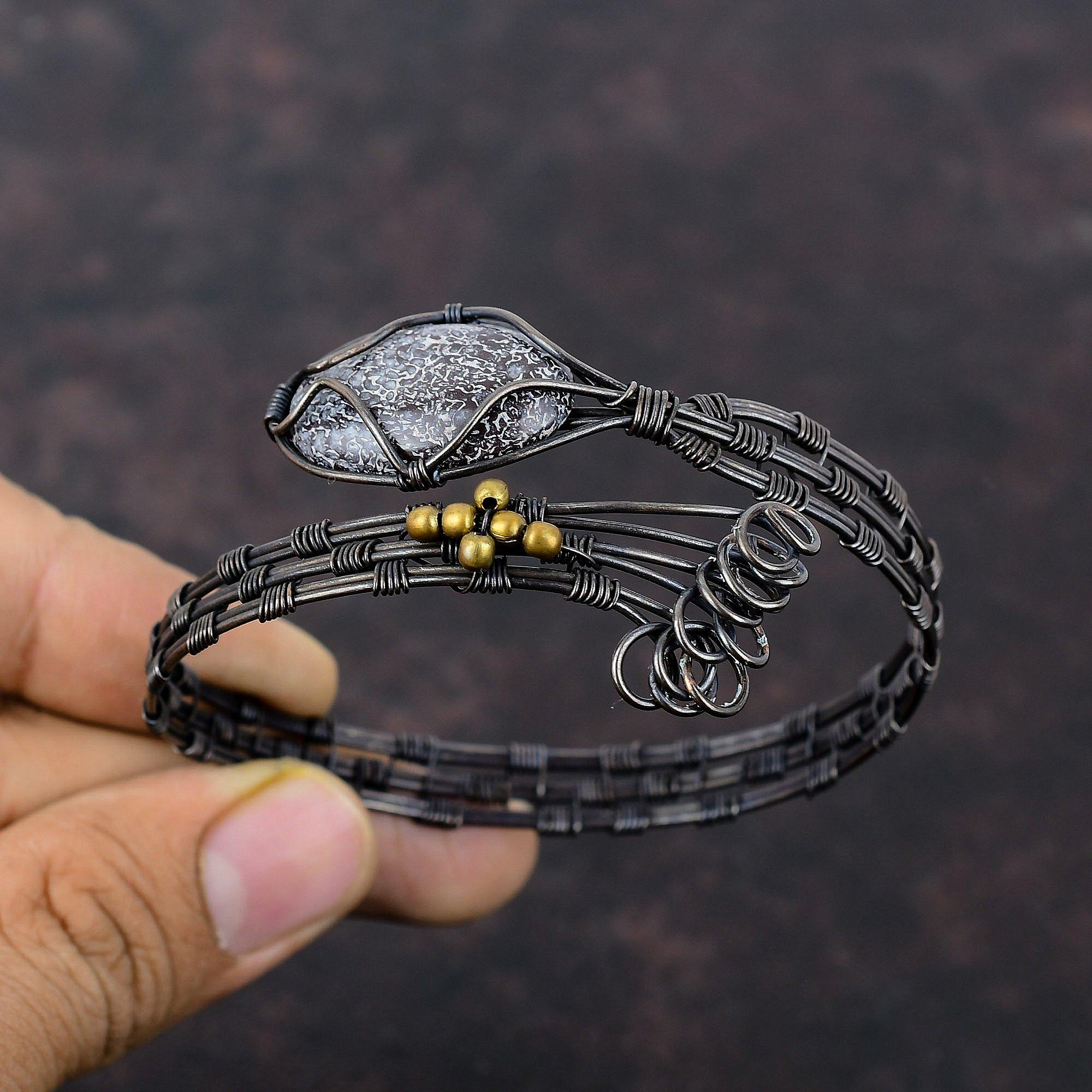 Dinosaur Bone Bangle Copper Wire Wrapped Cuff Bracelet Handmade Adjustable Bangle Copper Wire Wrap Jewelry Gemstone Bangle Anniversary Gift