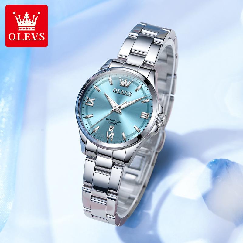 OLEVS Original Womens Quartz Watch Solid Stainless Steel Waterproof Calendar Ladies Watch Fashion Simple Elegant Wristwatch