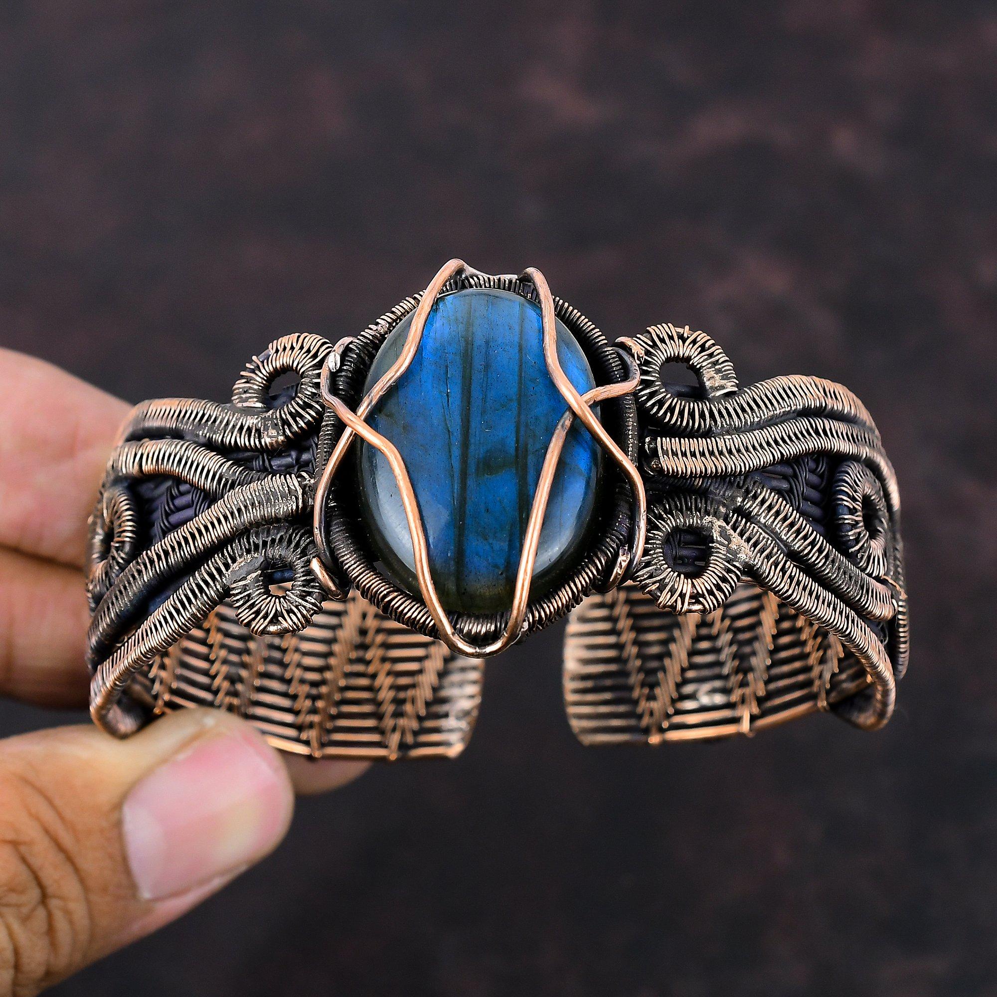 Браслет-манжета из лабрадорита, медная проволока, браслет из драгоценного камня, регулируемый браслет-манжета, изящные медные украшения, браслет ручной работы, подарок на помолвку