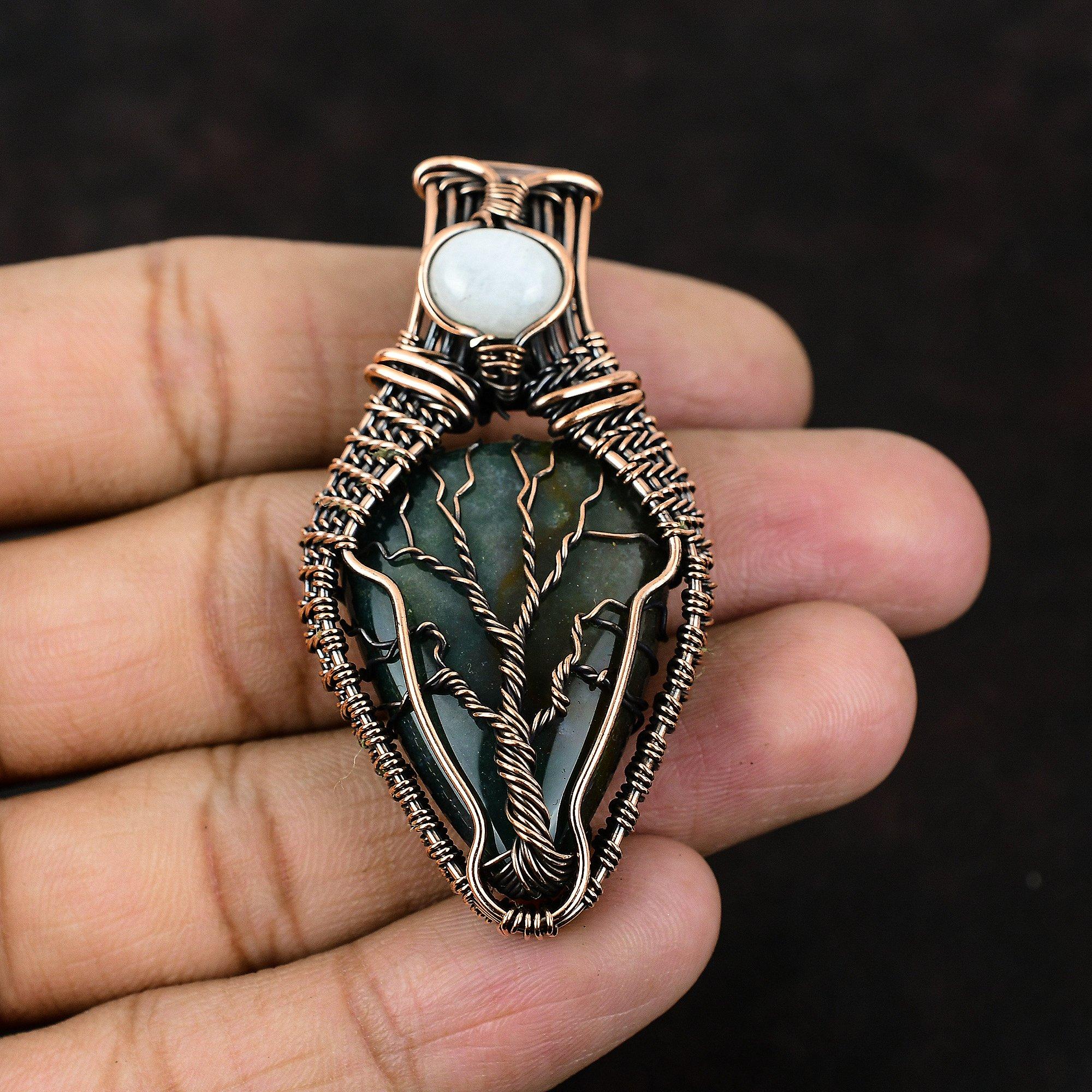 Древо жизни, драгоценный камень, кровавый камень, подвеска из медной проволоки, ювелирное изделие ручной работы, кулон из радужного лунного камня, подарок для нее, старинные ювелирные изделия