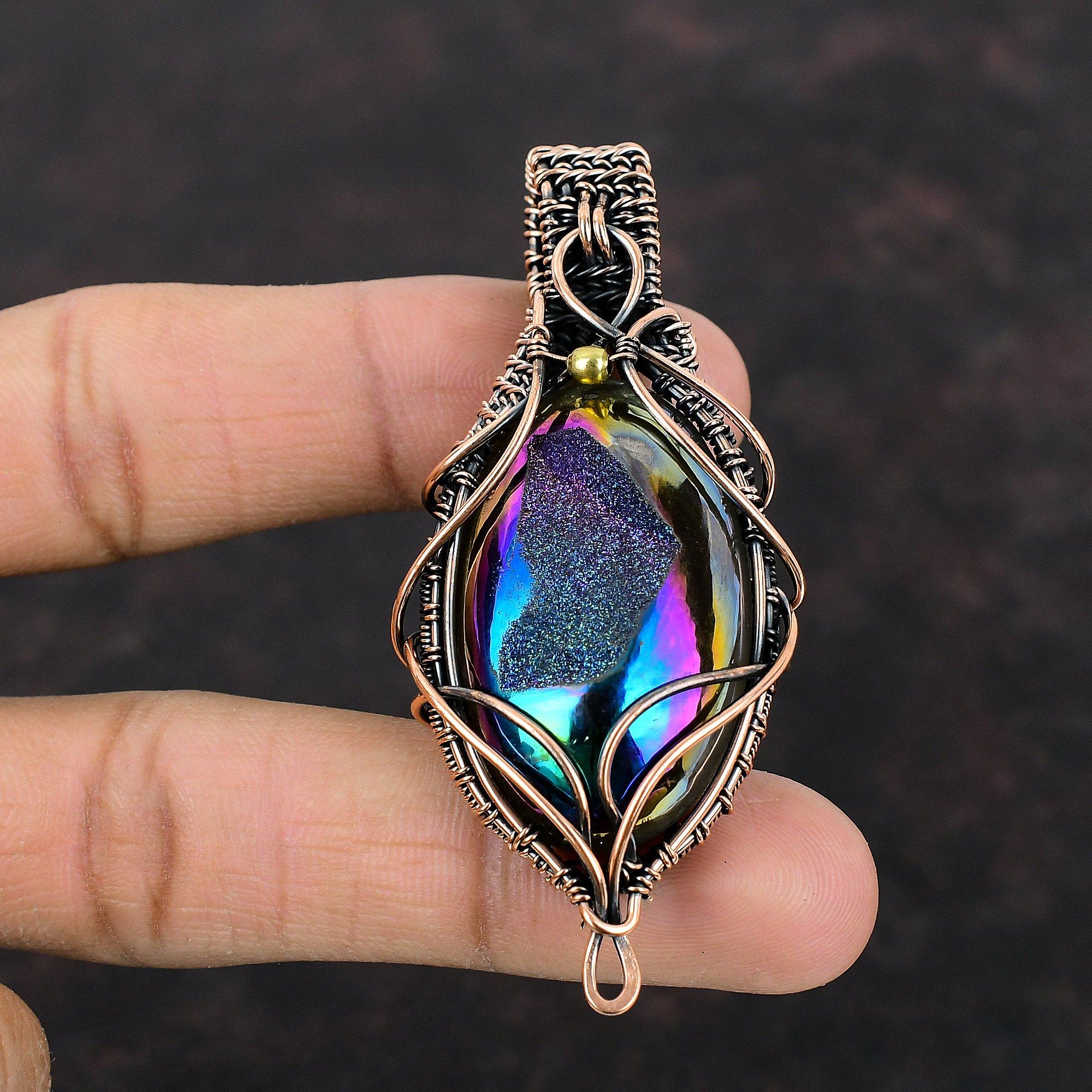 Титановый кулон-друзи, кулон из медной проволоки, кулон, ювелирные изделия ручной работы, кулон с драгоценным камнем, медная проволока, дизайнерский кулон, подарок для мамы