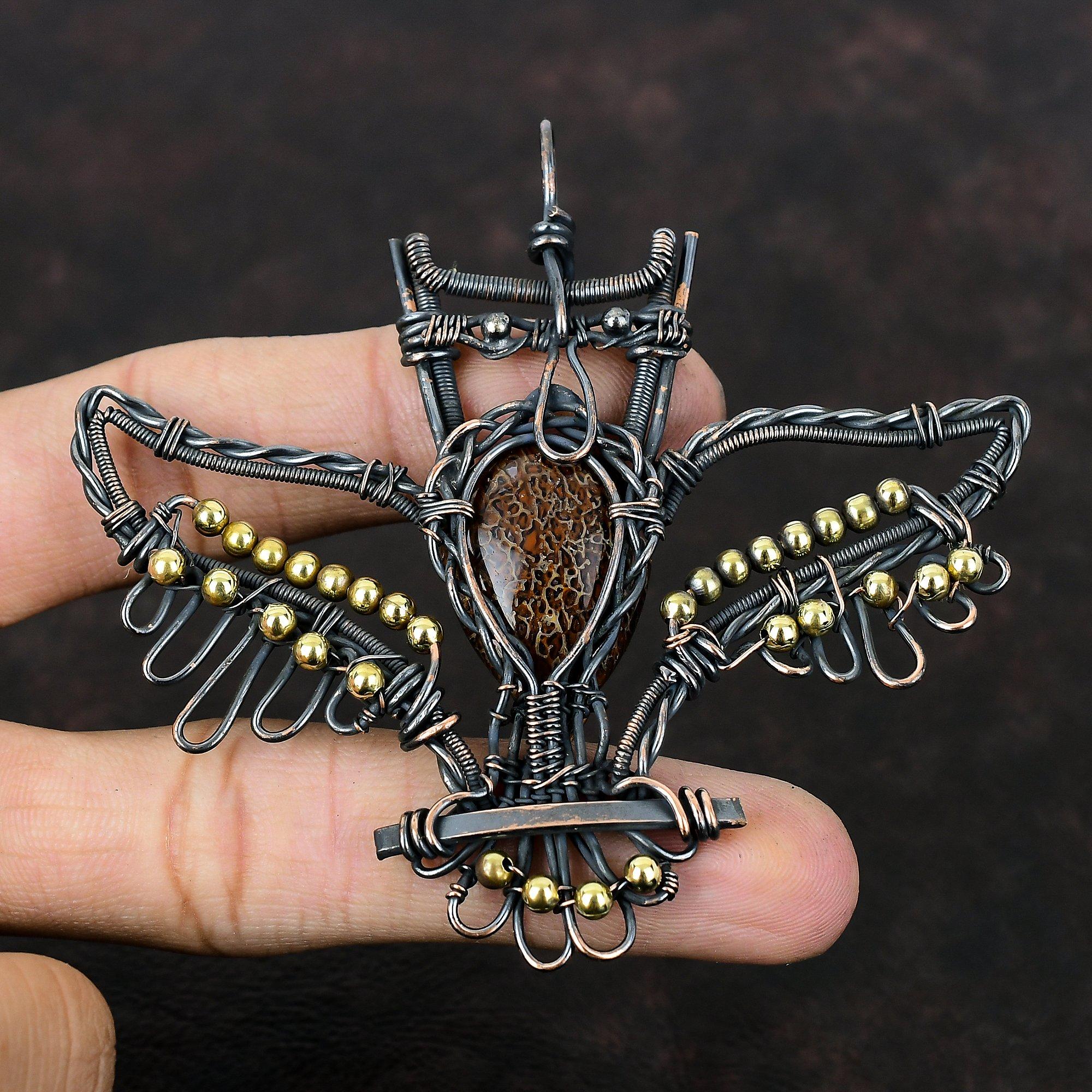 Dinosaur Bone Pendant Copper Wire Wrapped Pendant Natural Gemstone Pendant Owl Jewelry Handmade Pendant Copper Wire Jewelry Gift For Mother