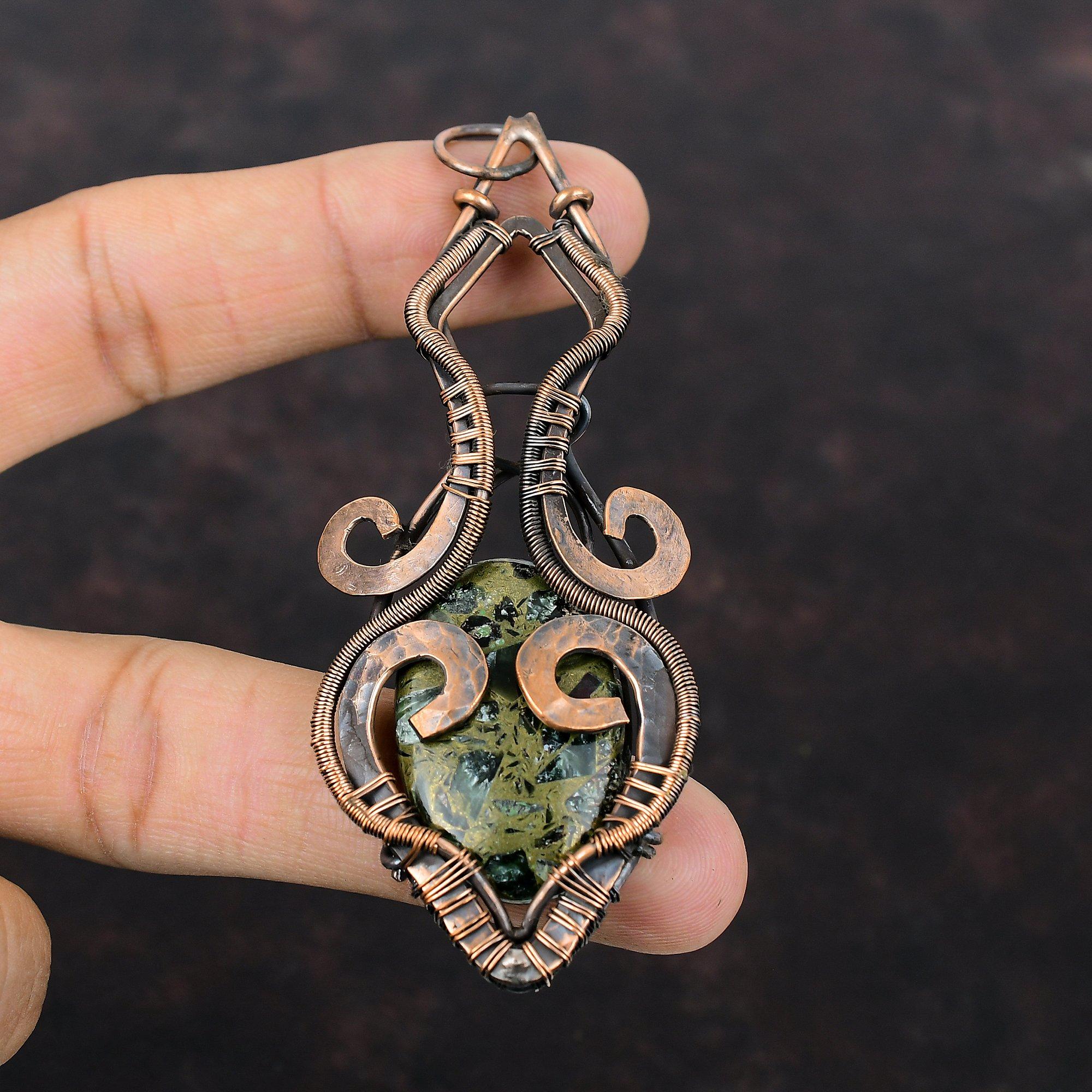 Copper Seraphinite Pendant Copper Wire Wrapped Pendant Seraphinite Jewelry Handmade Pendant Gemstone Pendant Copper Jewelry Engagement Gift