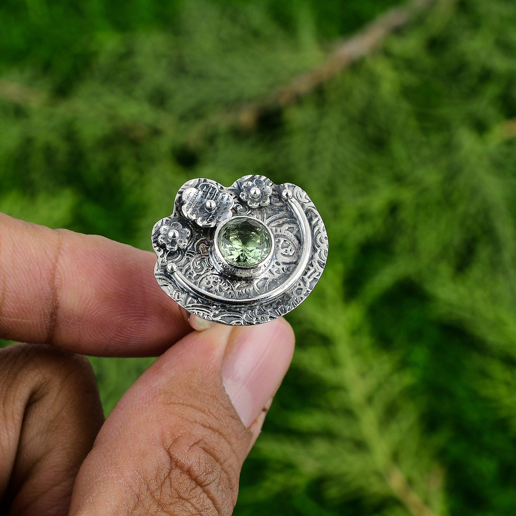 Natural Green Amethyst Sterling Silver Promise Flower Bezel Sister Ring Jewelry