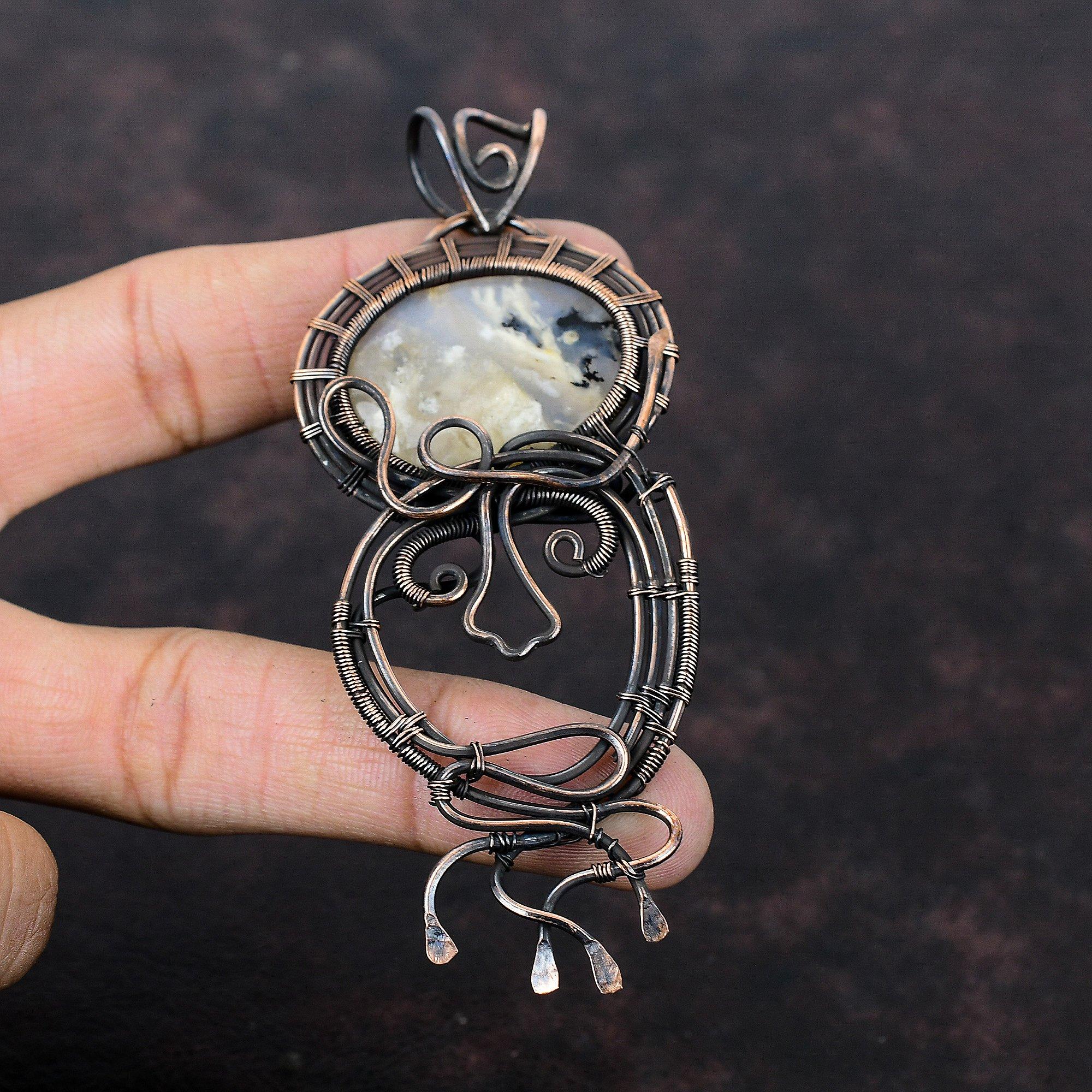 Подвеска из агата с перьями, подвеска из медной проволоки, ювелирное изделие из агата с перьями, оригинальный кулон из драгоценных камней, подарок для нее, ювелирное изделие из медной проволоки