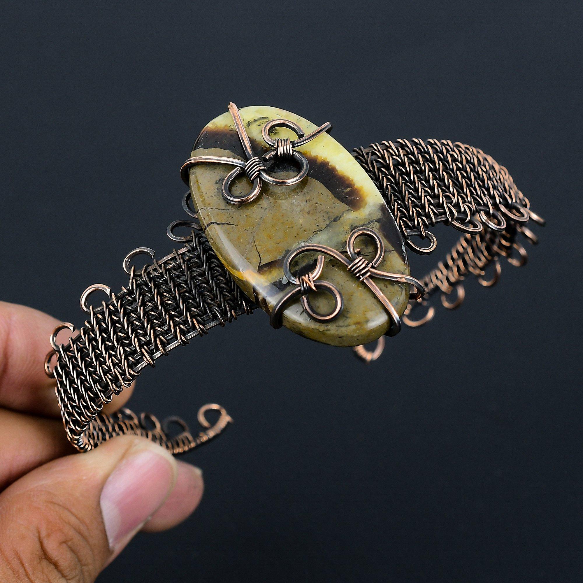 Септарийский драгоценный камень, манжеты/браслет ручной работы, завернутый в чистую медную проволоку, изящные ювелирные изделия
