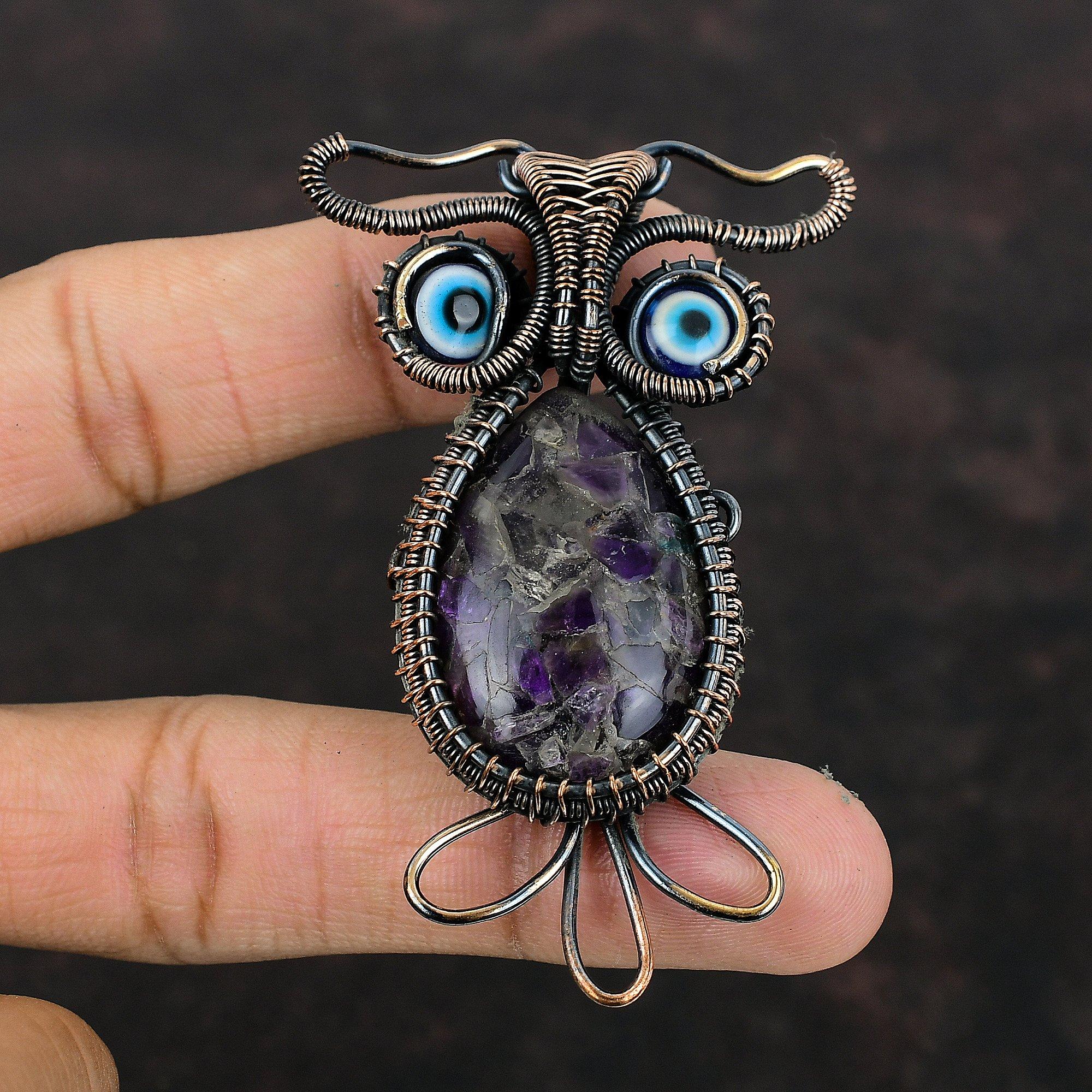 Африканский аметист, медный кулон, медная проволока, обернутая драгоценными камнями, ювелирные изделия, кулон из проволоки ручной работы, синий цвет, кулон от сглаза, кулон с совой для подарка