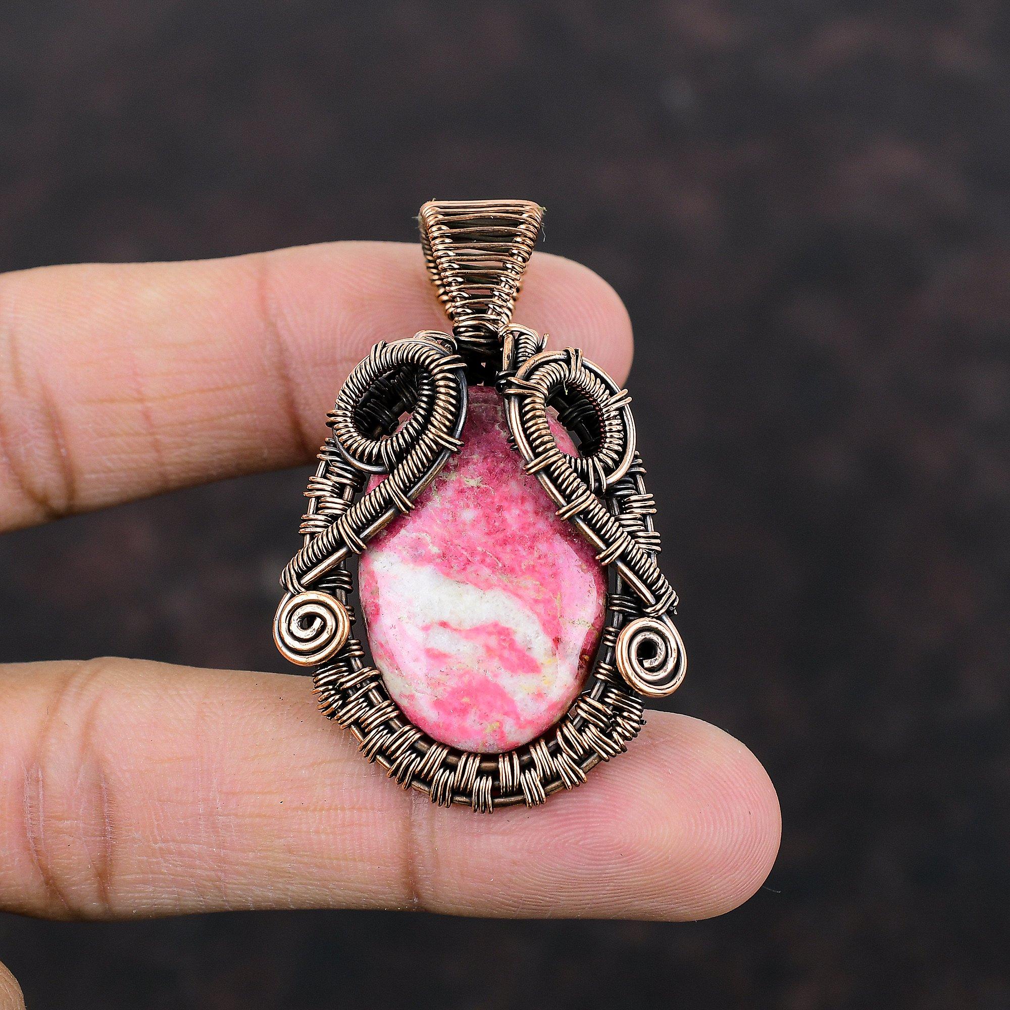 Подвеска из тулита, кулон в медной проволоке, кулон из натурального драгоценного камня, ювелирные изделия из тулита, кулон ручной работы, изысканные медные украшения, подарок на годовщину