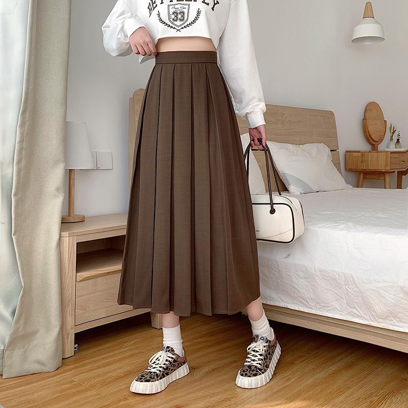 HOUZHOU Pleated Skirts Women Black Midi Skirt A-line High Waist Vintage Chic Office Lady Elegant Fashion