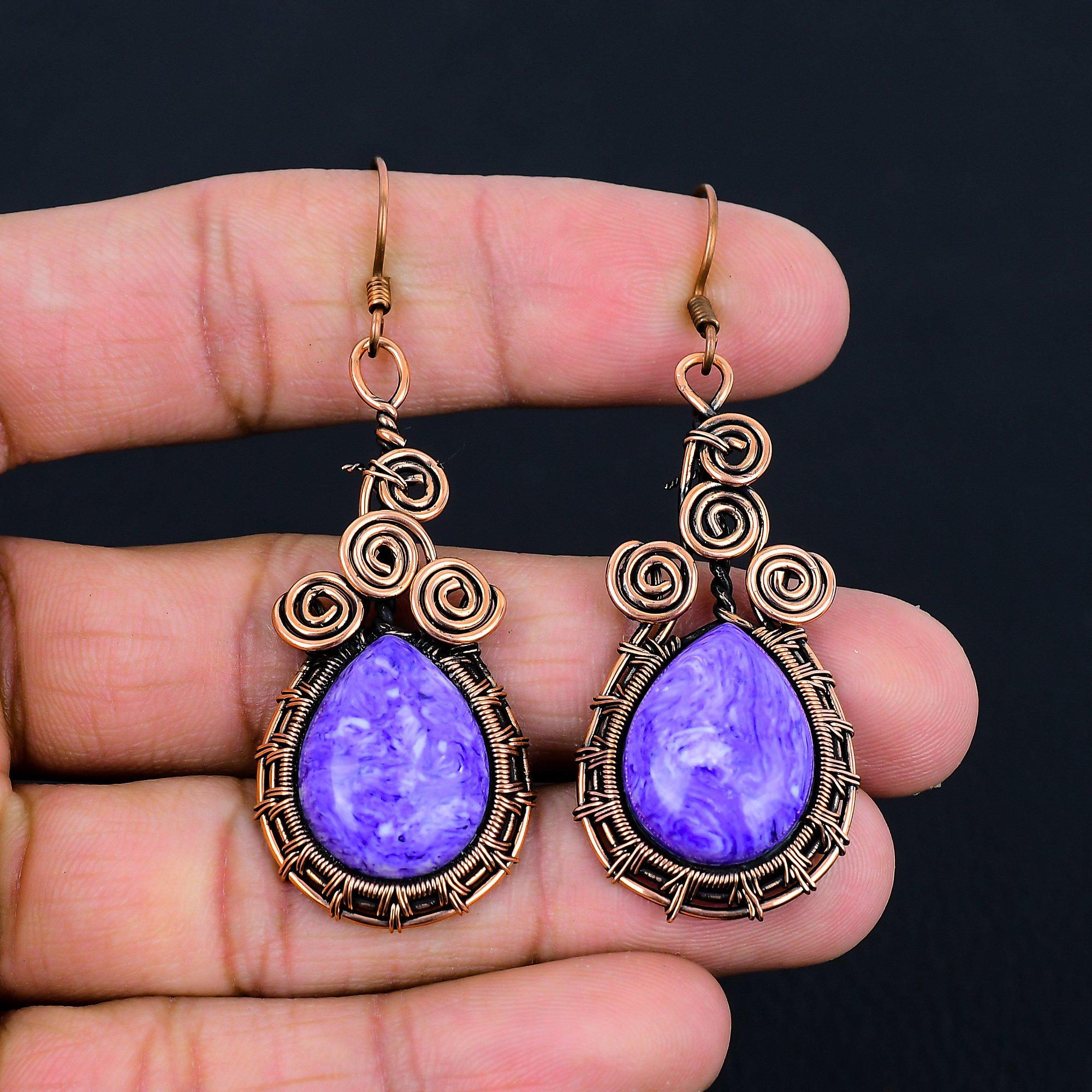 Wonderful Charoite Gemstone Handmade Pure Copper Wire Wrapped Earrings Jewelry