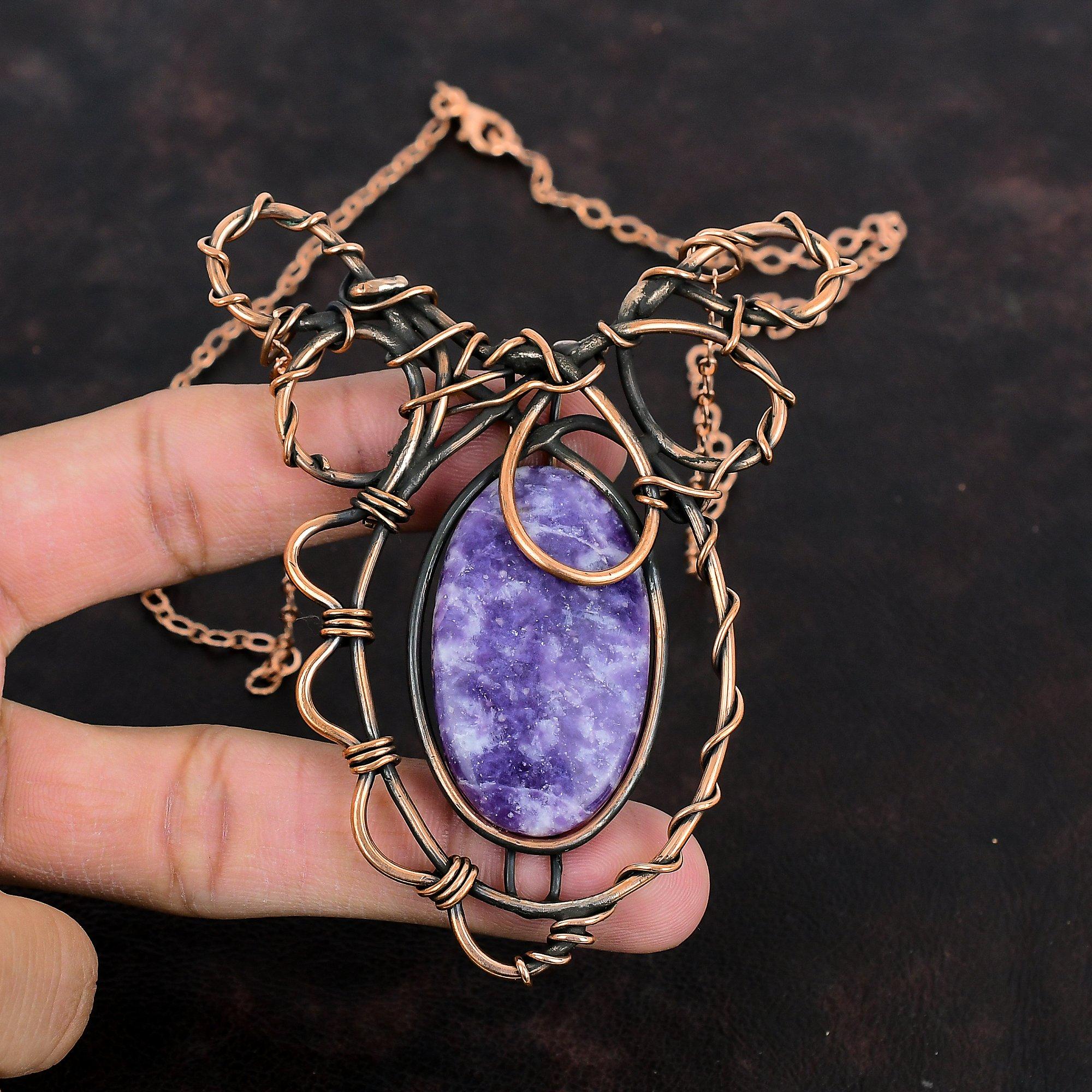 Ожерелье из лепидолита, ожерелье, обмотанное медной проволокой, ожерелье с регулируемой цепочкой, драгоценный камень, медные украшения, элегантное ожерелье ручной работы, антикварные украшения